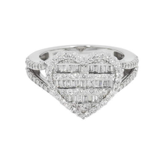 14K GOLD BAGUETTE AND ROUND DIAMOND HEART RING 1.19 CT