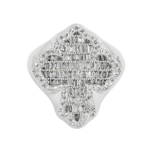 14K GOLD BAGUETTE DIAMOND FLEUR DE LIS CROSS RING 1.24 CT