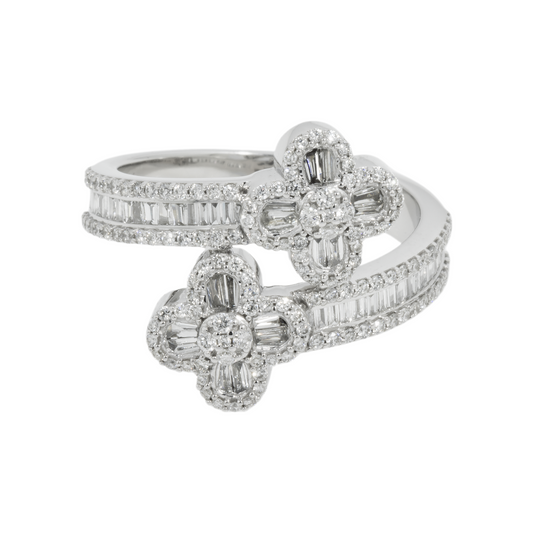 14K GOLD BAGUETTE AND ROUND DIAMOND DOUBLE CLOVER RING 1.09 CT