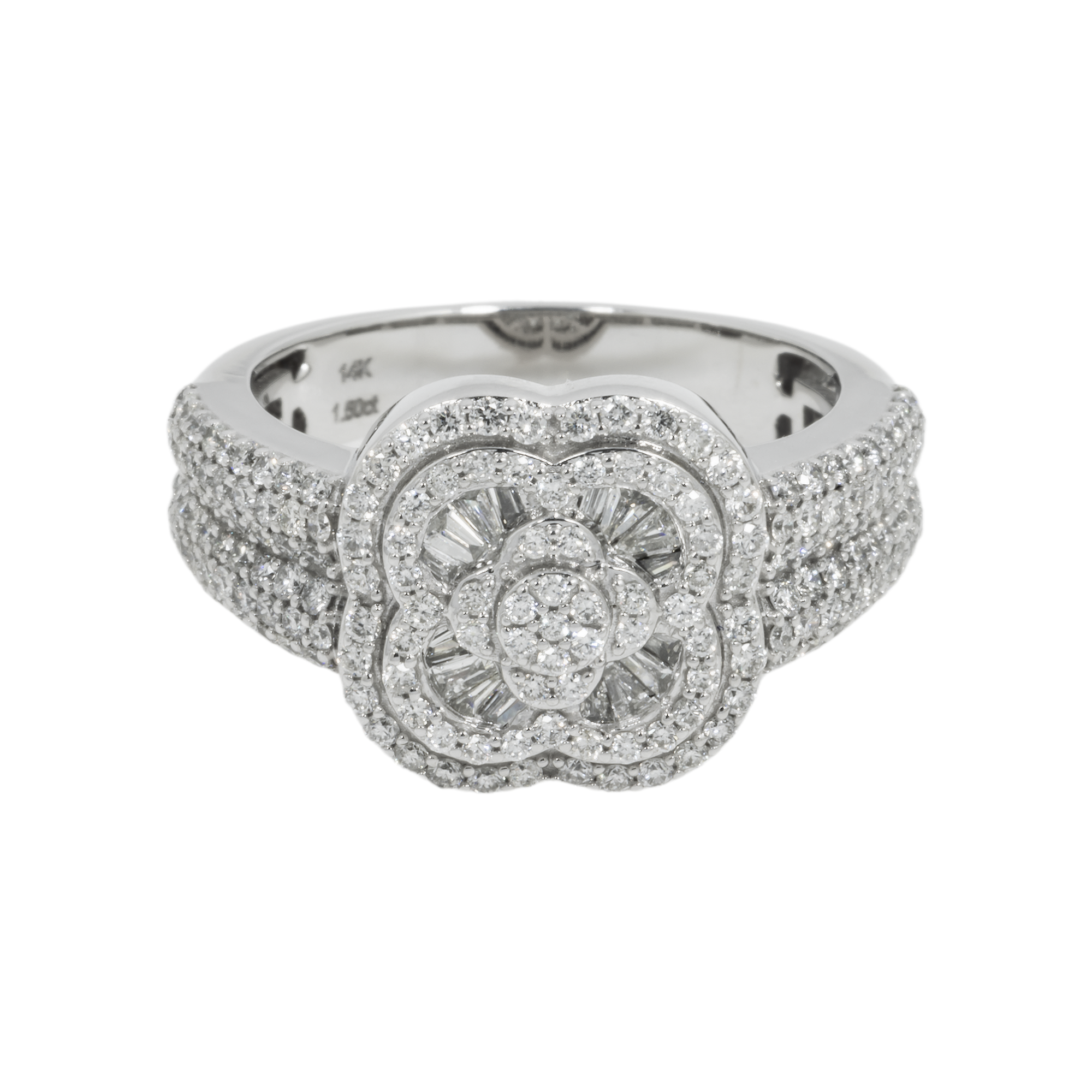 14K GOLD BAGUETTE AND ROUND DIAMOND CLOVER STATEMENT RING 1.52 CT