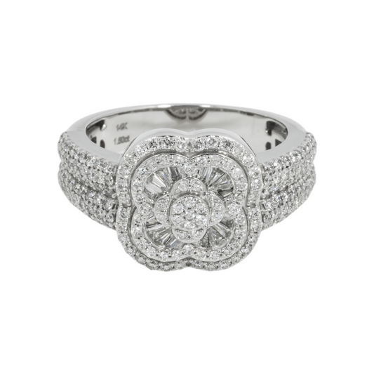 14K GOLD BAGUETTE AND ROUND DIAMOND CLOVER STATEMENT RING 1.52 CT