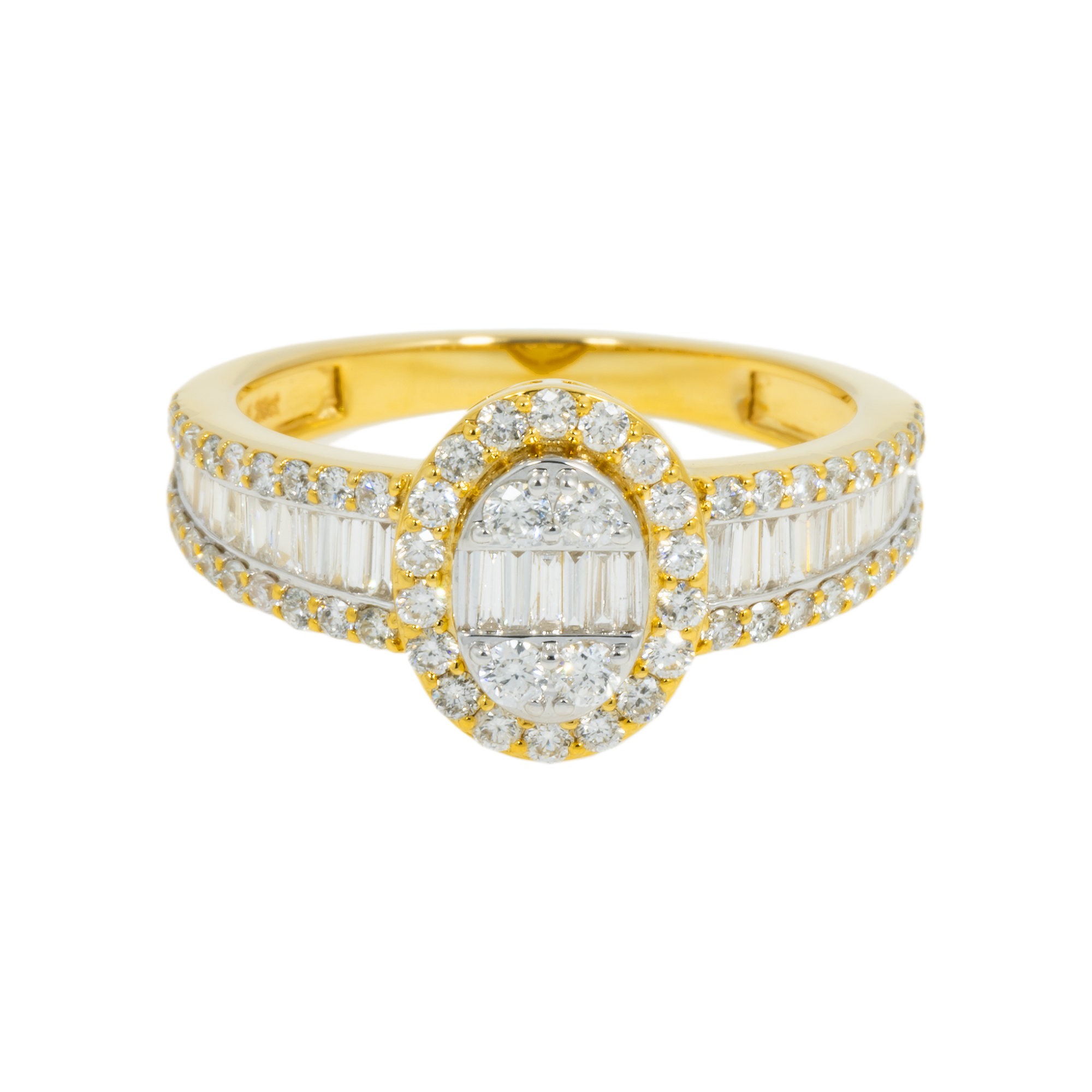 14K GOLD BAGUETTE AND ROUND DIAMOND CLUSTER RING 1.39 CT