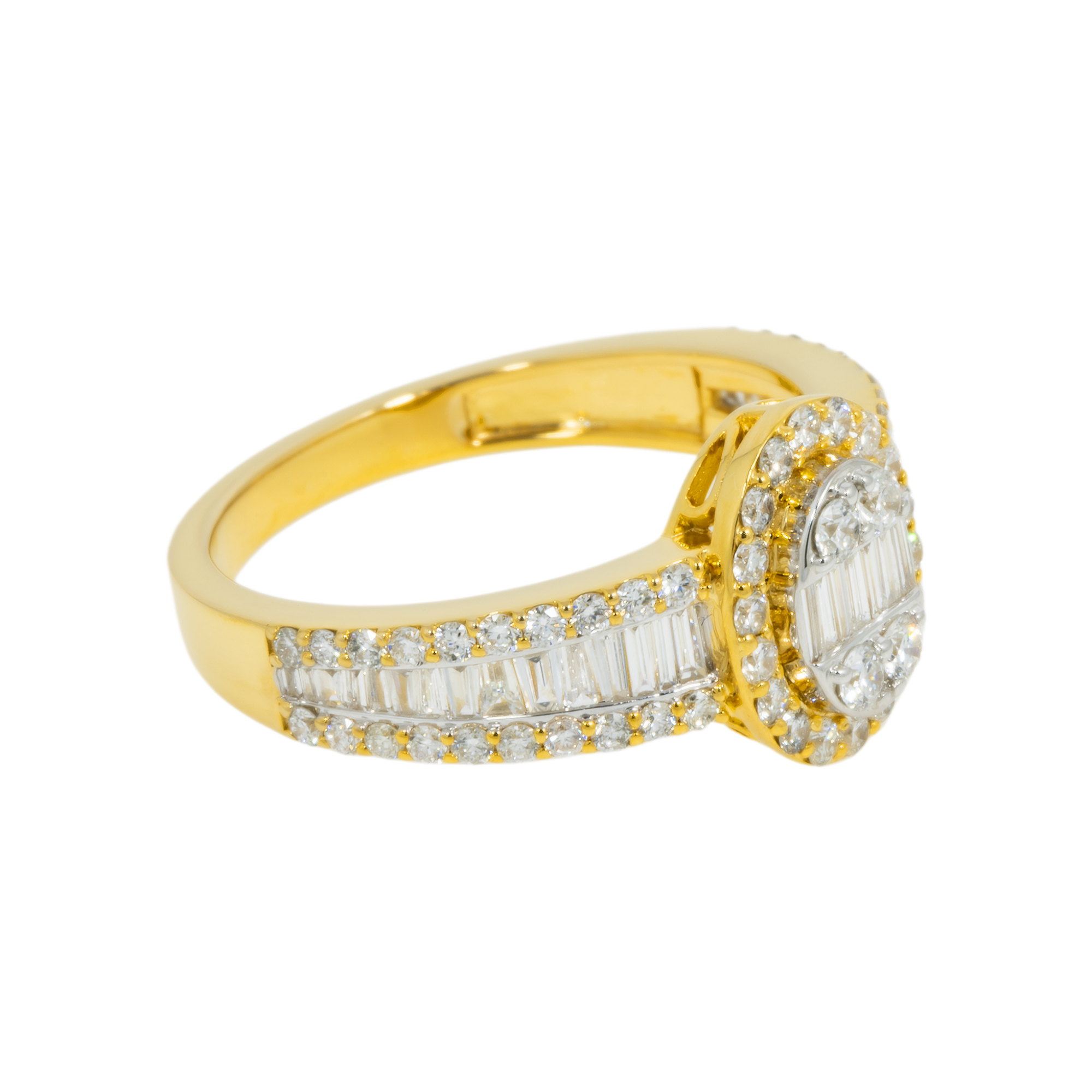 14K GOLD BAGUETTE AND ROUND DIAMOND CLUSTER RING 1.39 CT
