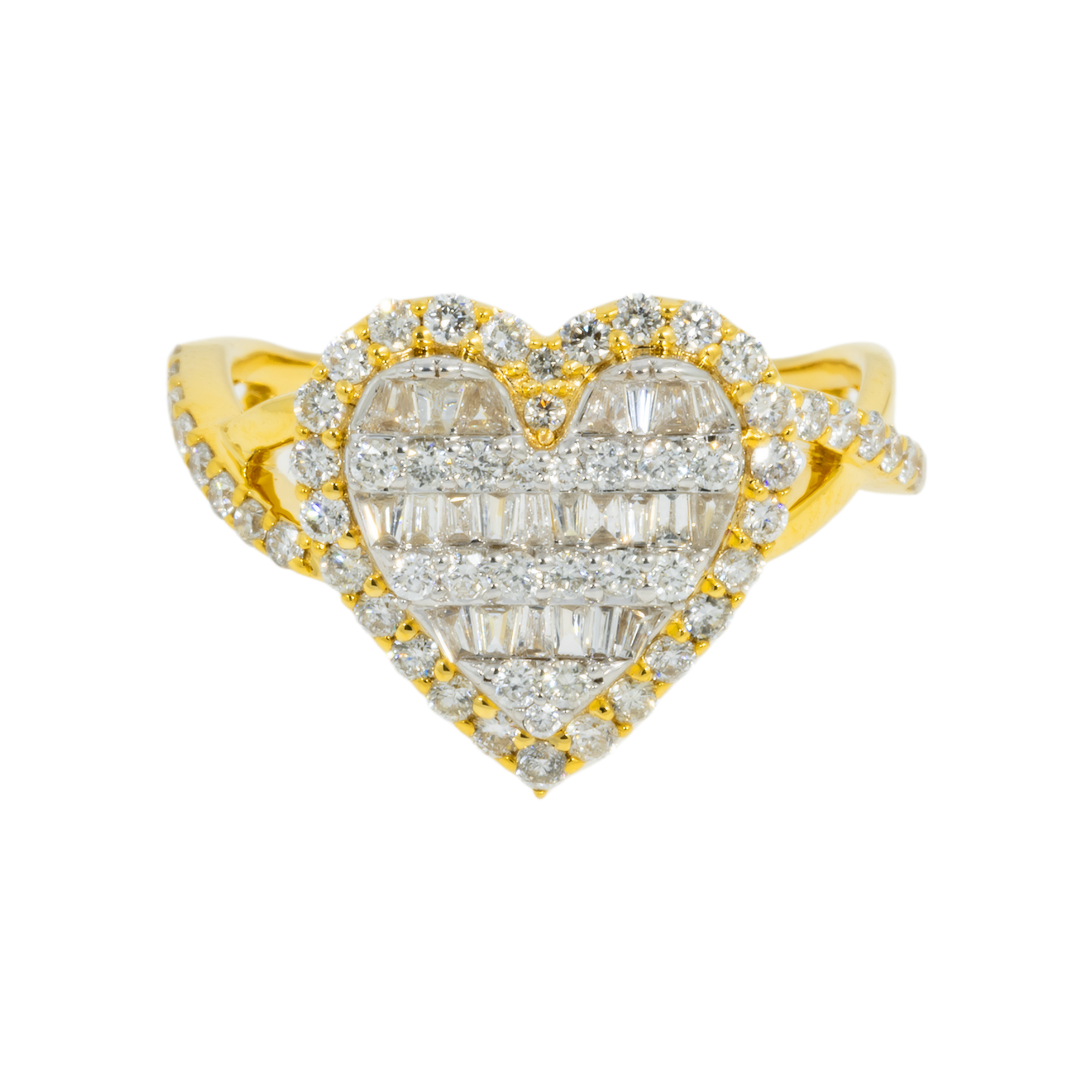 14K GOLD BAGUETTE AND ROUND DIAMOND HEART RING 0.92 CT