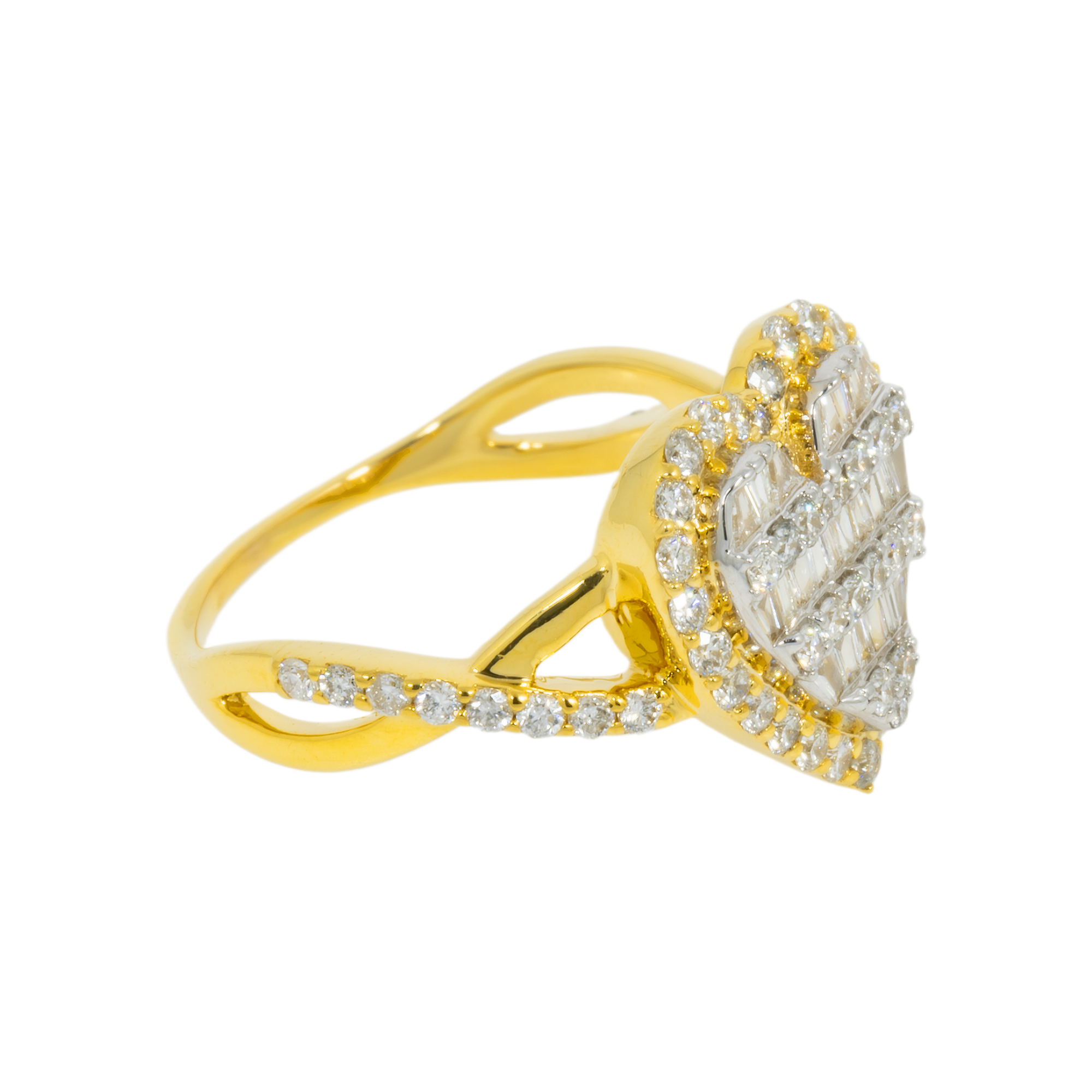 14K GOLD BAGUETTE AND ROUND DIAMOND HEART RING 0.92 CT