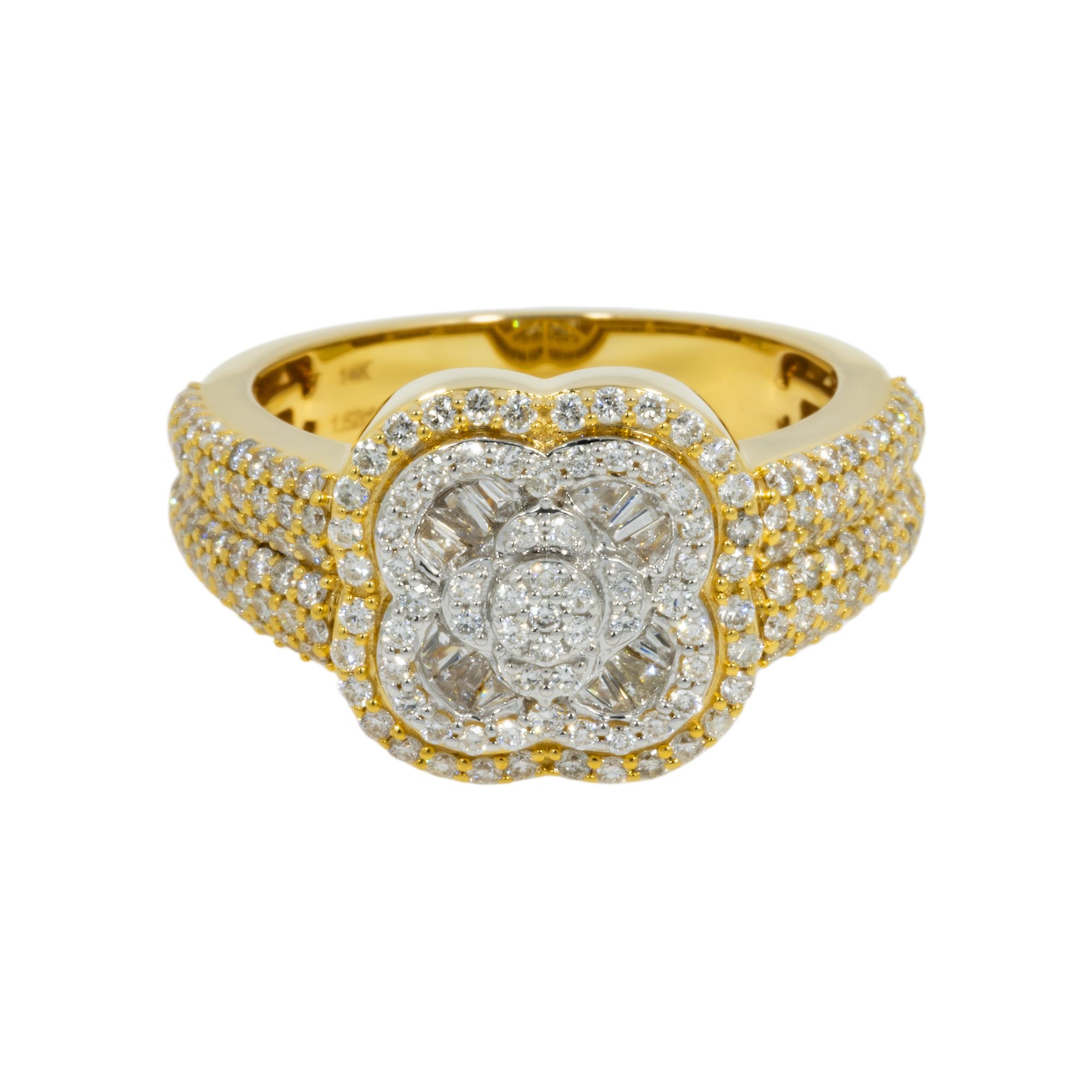 14K GOLD BAGUETTE AND ROUND DIAMOND CLOVER STATEMENT RING 1.52 CT
