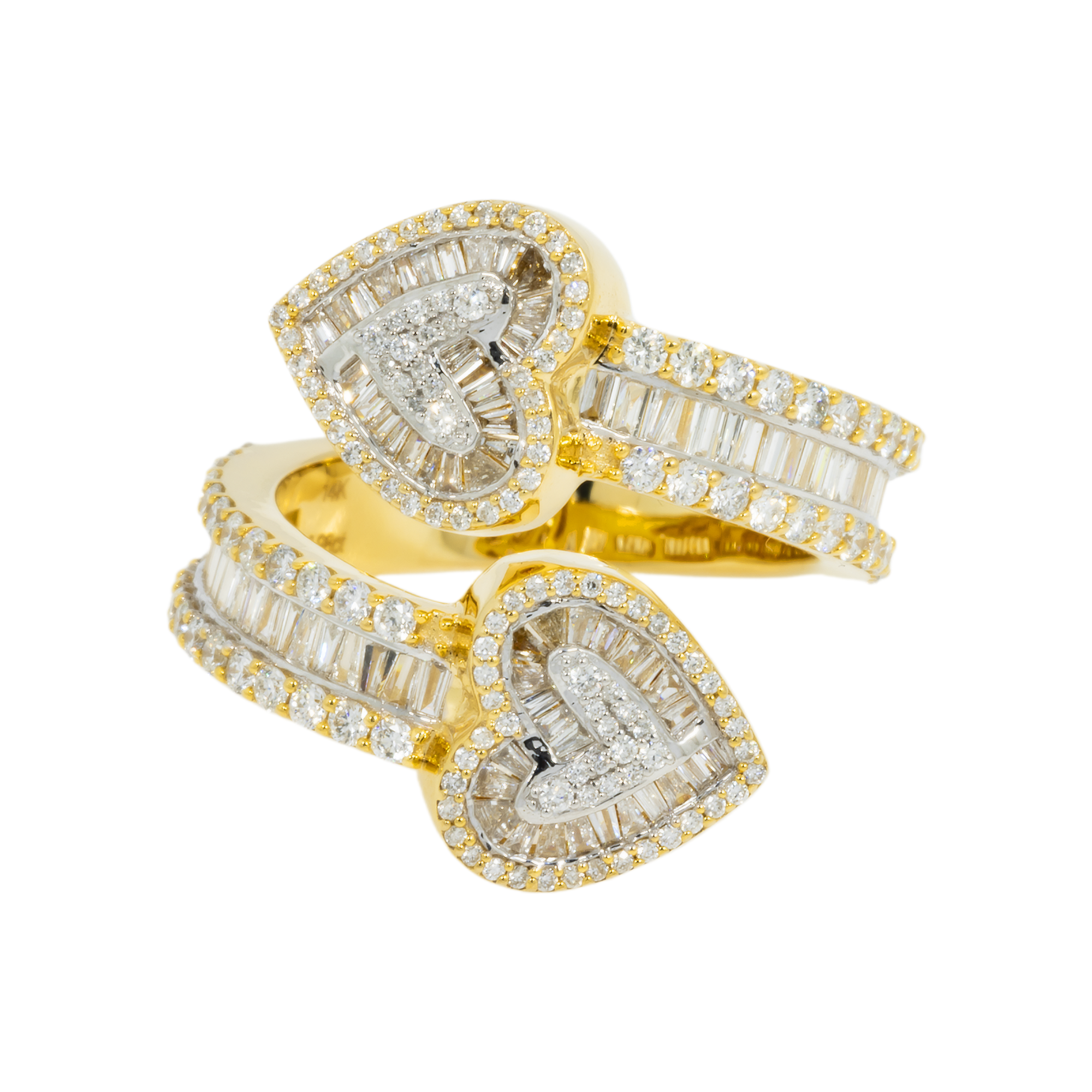 14K GOLD ROUND AND BAGUETTE DIAMOND HEART BYPASS RING 1.47 CT