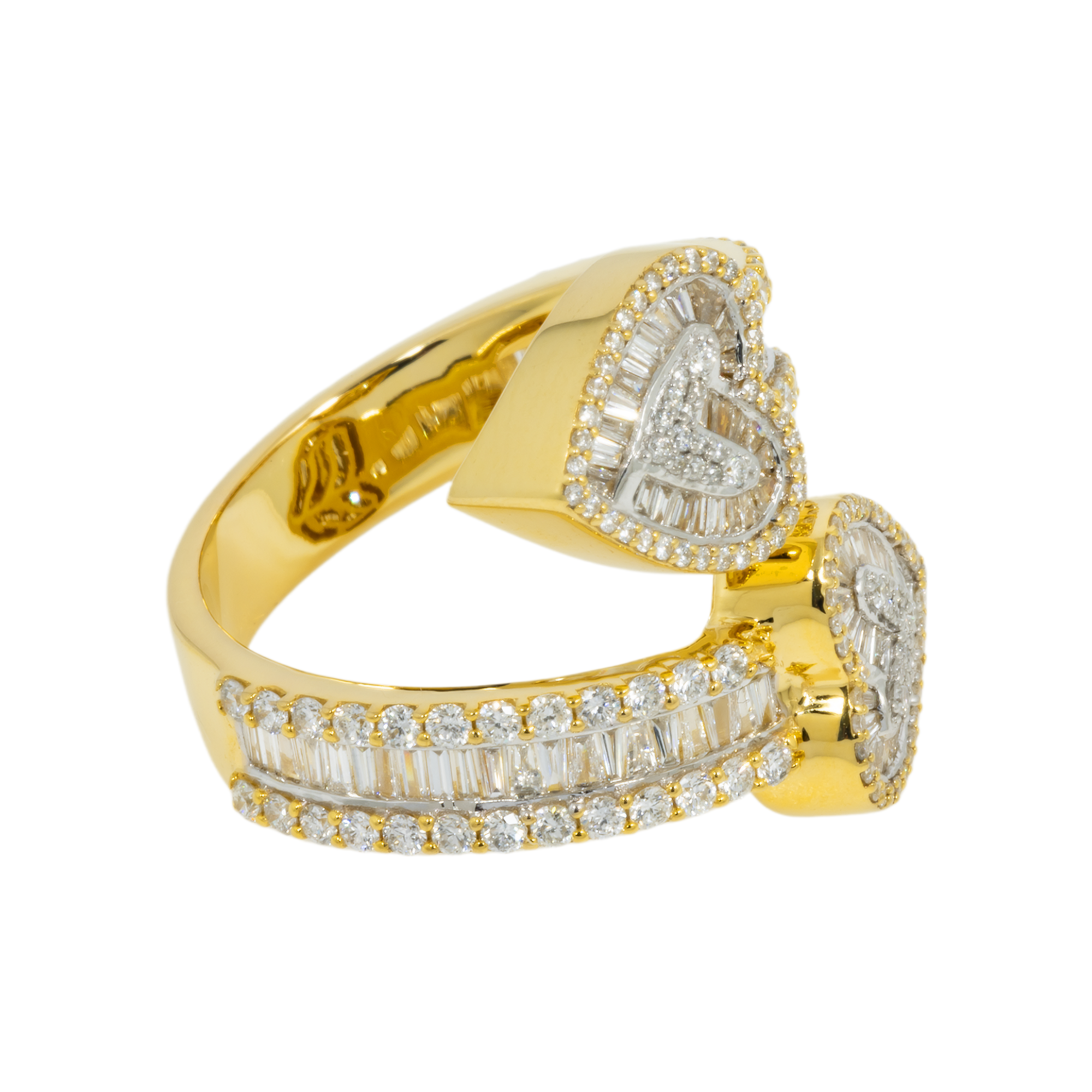 14K GOLD ROUND AND BAGUETTE DIAMOND HEART BYPASS RING 1.47 CT