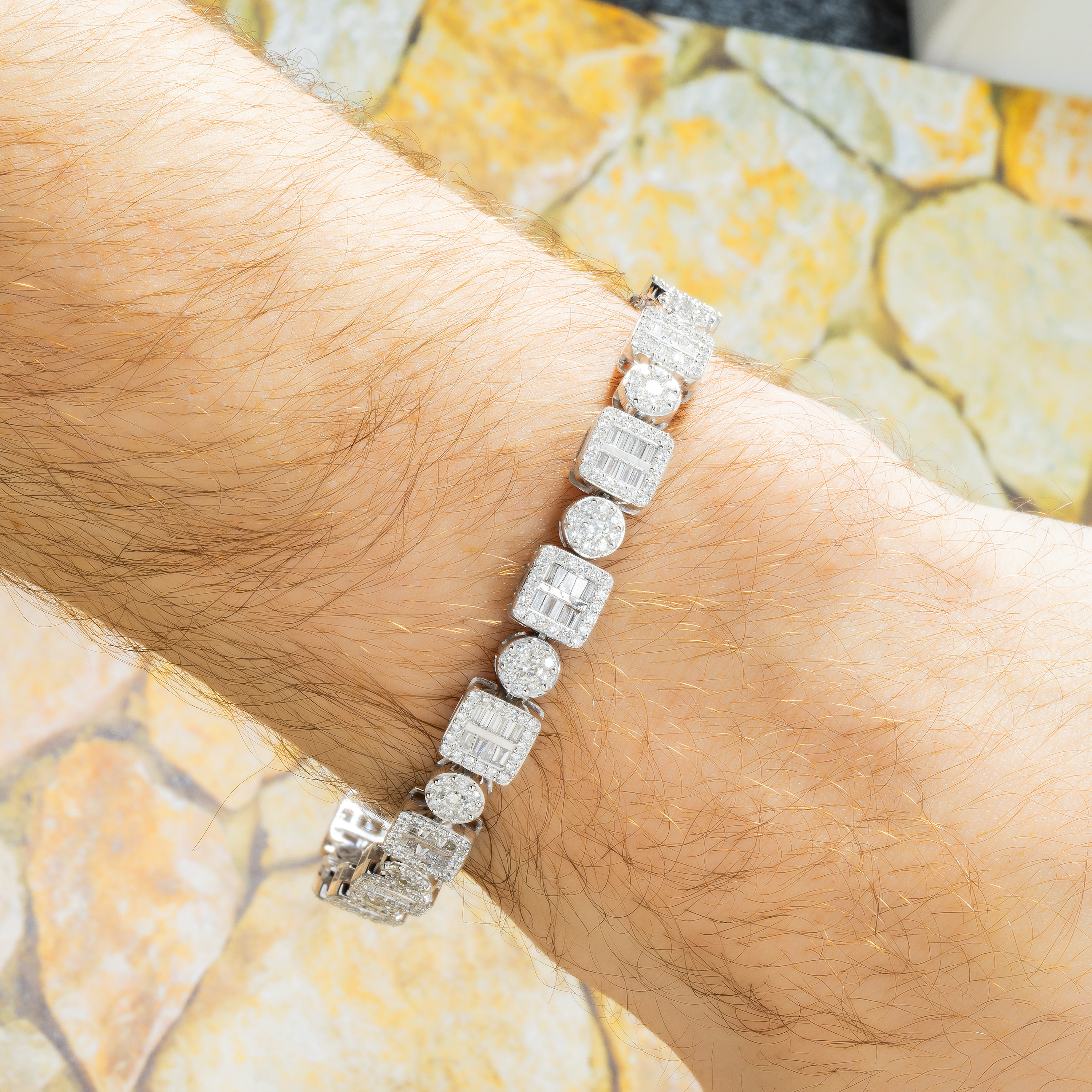 10K GOLD BAGUETTE AND ROUND HALO CLUSTER DIAMONDS BRACELET 6.39 CT