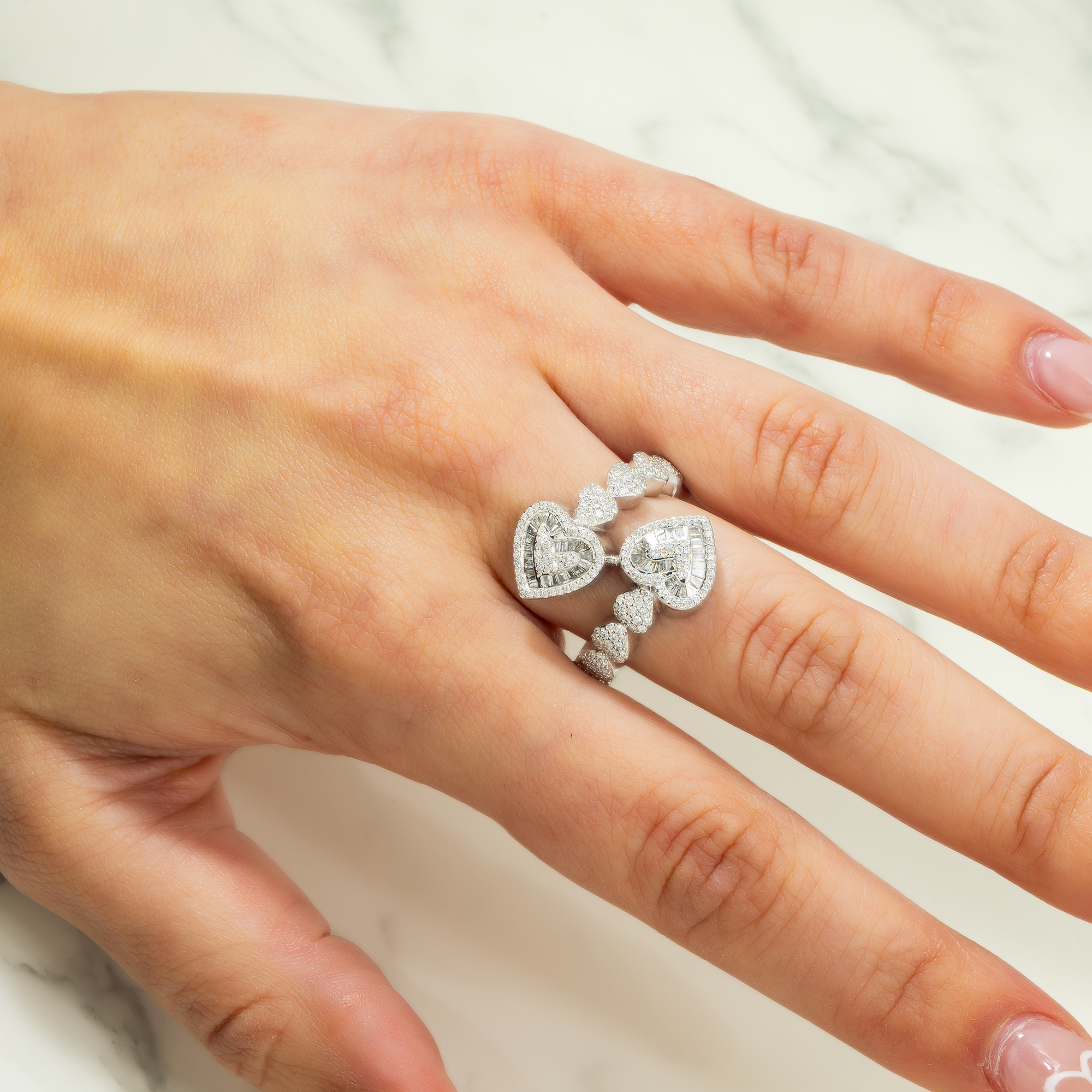 14K GOLD DIAMOND DOUBLE HEARTS RING 1.10 CT