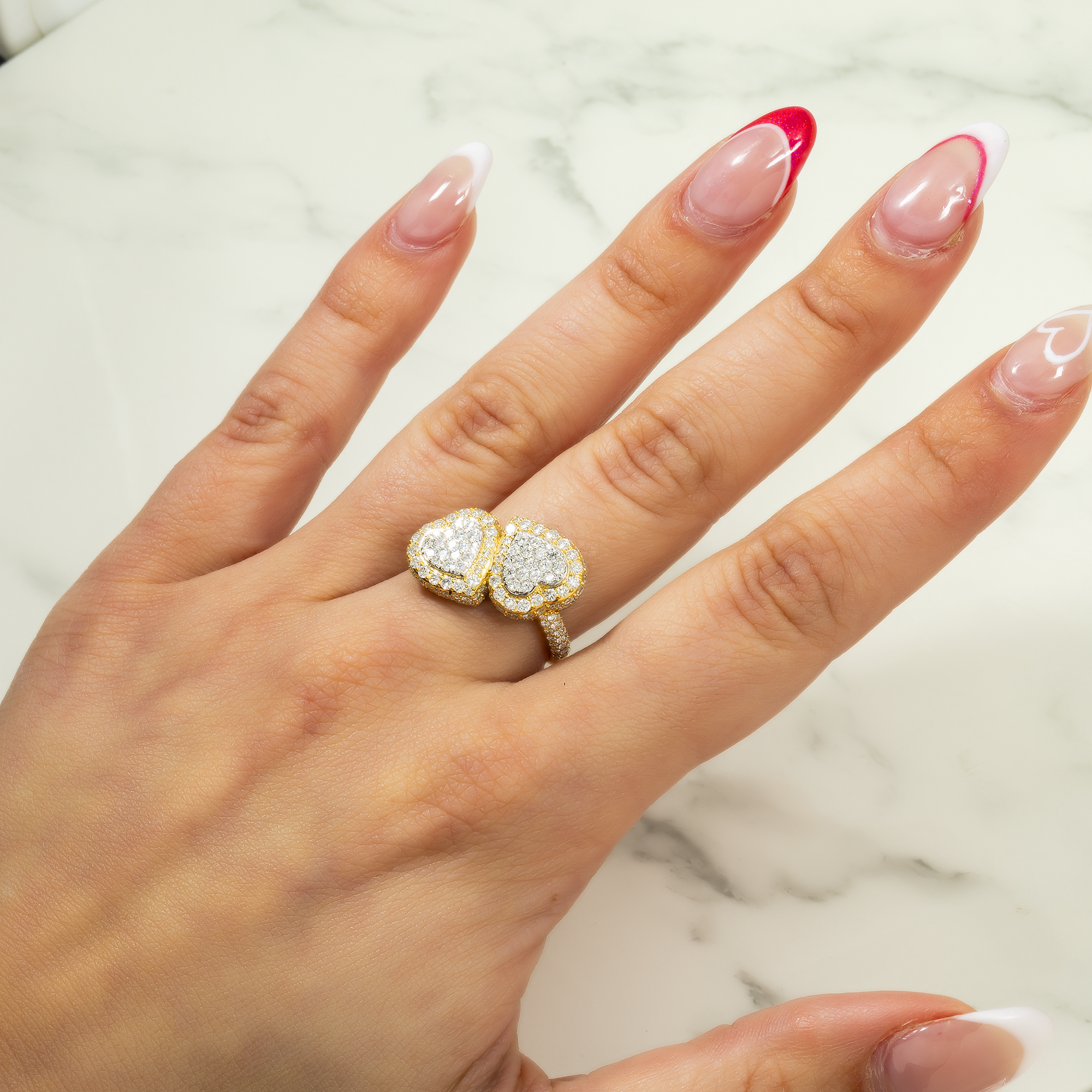 14K GOLD DIAMOND DOUBLE HEART RING 2.09 CT