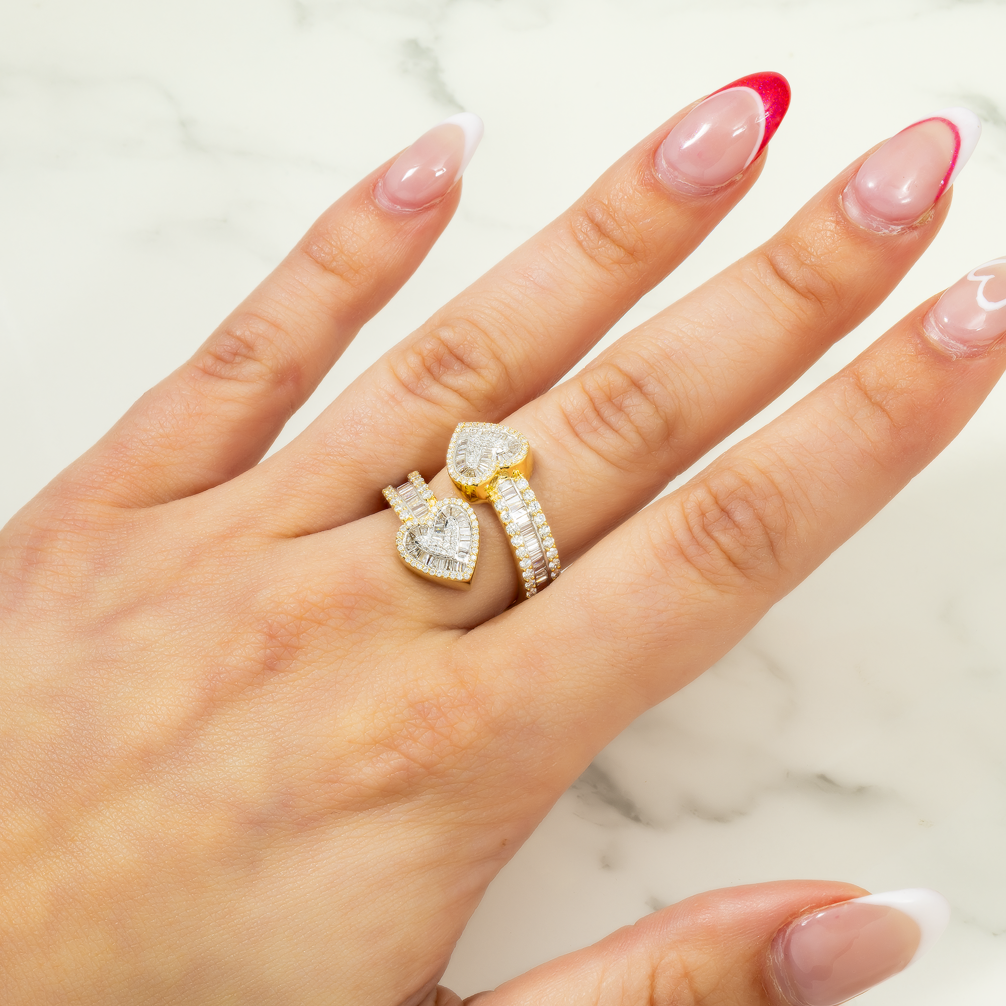 14K GOLD ROUND AND BAGUETTE DIAMOND HEART BYPASS RING 1.47 CT