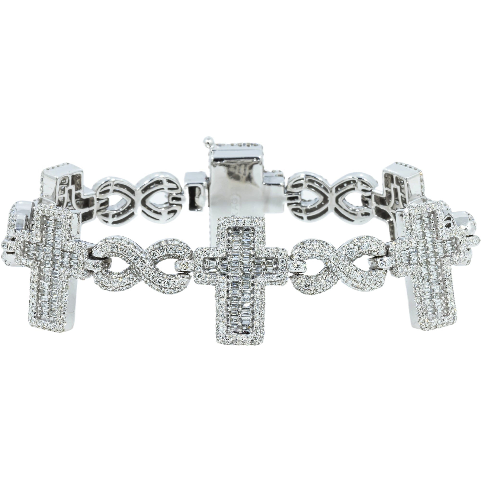 14K GOLD BAGUETTE AND ROUND DIAMONDS CROSS INFINITY CHAIN BRACELET 7.75 CT