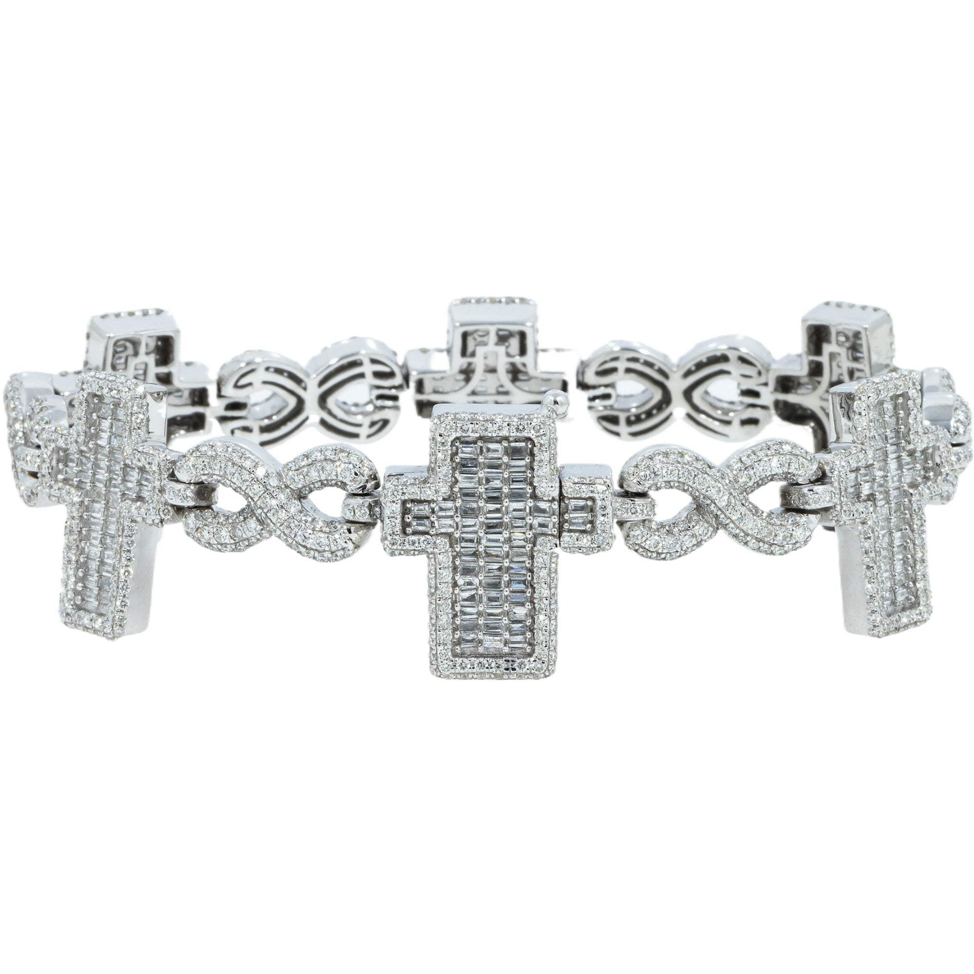 14K GOLD BAGUETTE AND ROUND DIAMONDS CROSS INFINITY CHAIN BRACELET 7.75 CT