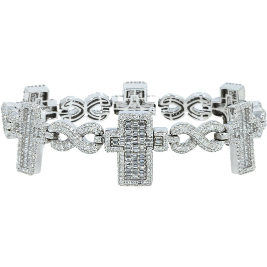 14K GOLD BAGUETTE AND ROUND DIAMONDS CROSS INFINITY CHAIN BRACELET 7.75 CT