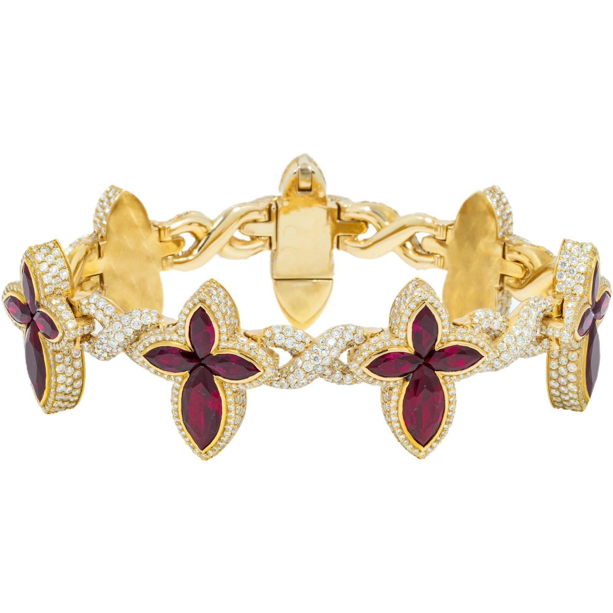 10K GOLD DIAMONDS & RED GEMSTONE CROSS INFINITY CHAIN BRACELET 15.79 CT