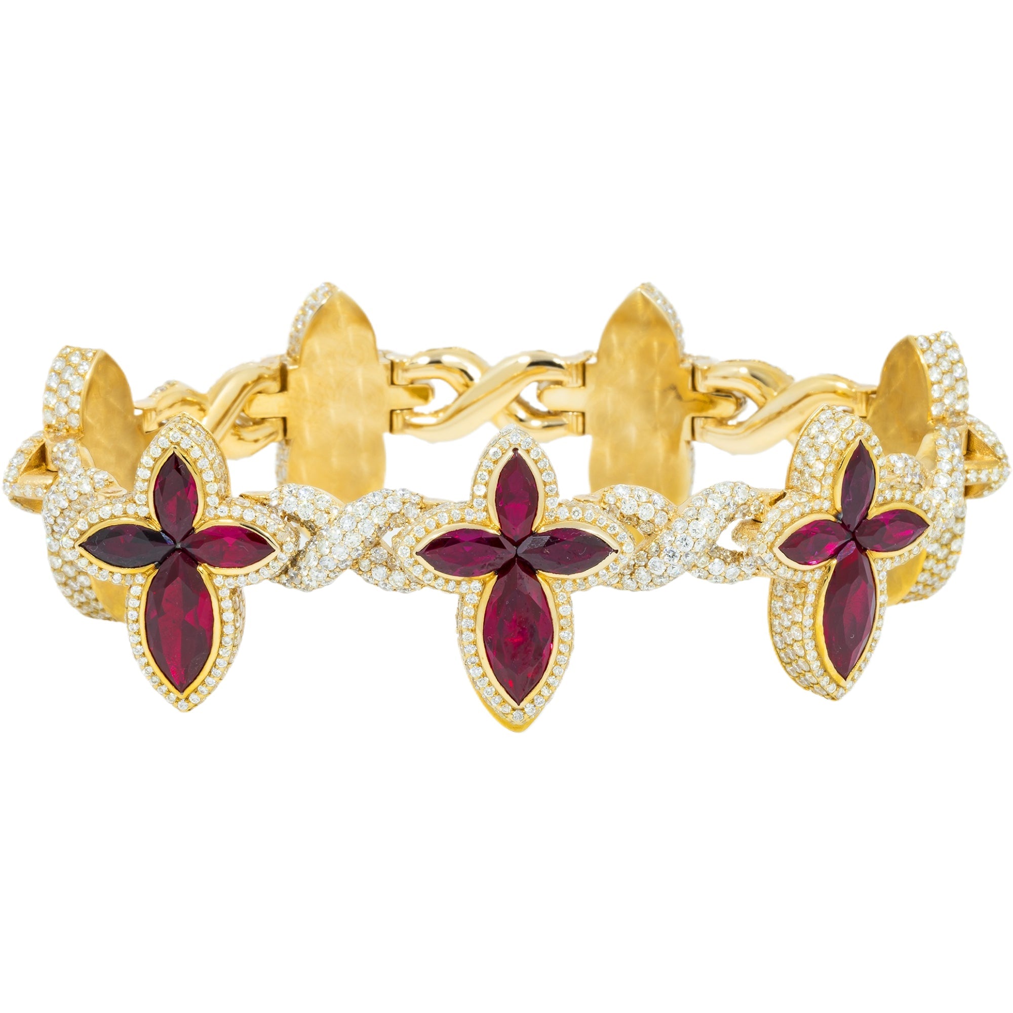 10K GOLD DIAMONDS & RED GEMSTONE CROSS INFINITY CHAIN BRACELET 15.79 CT