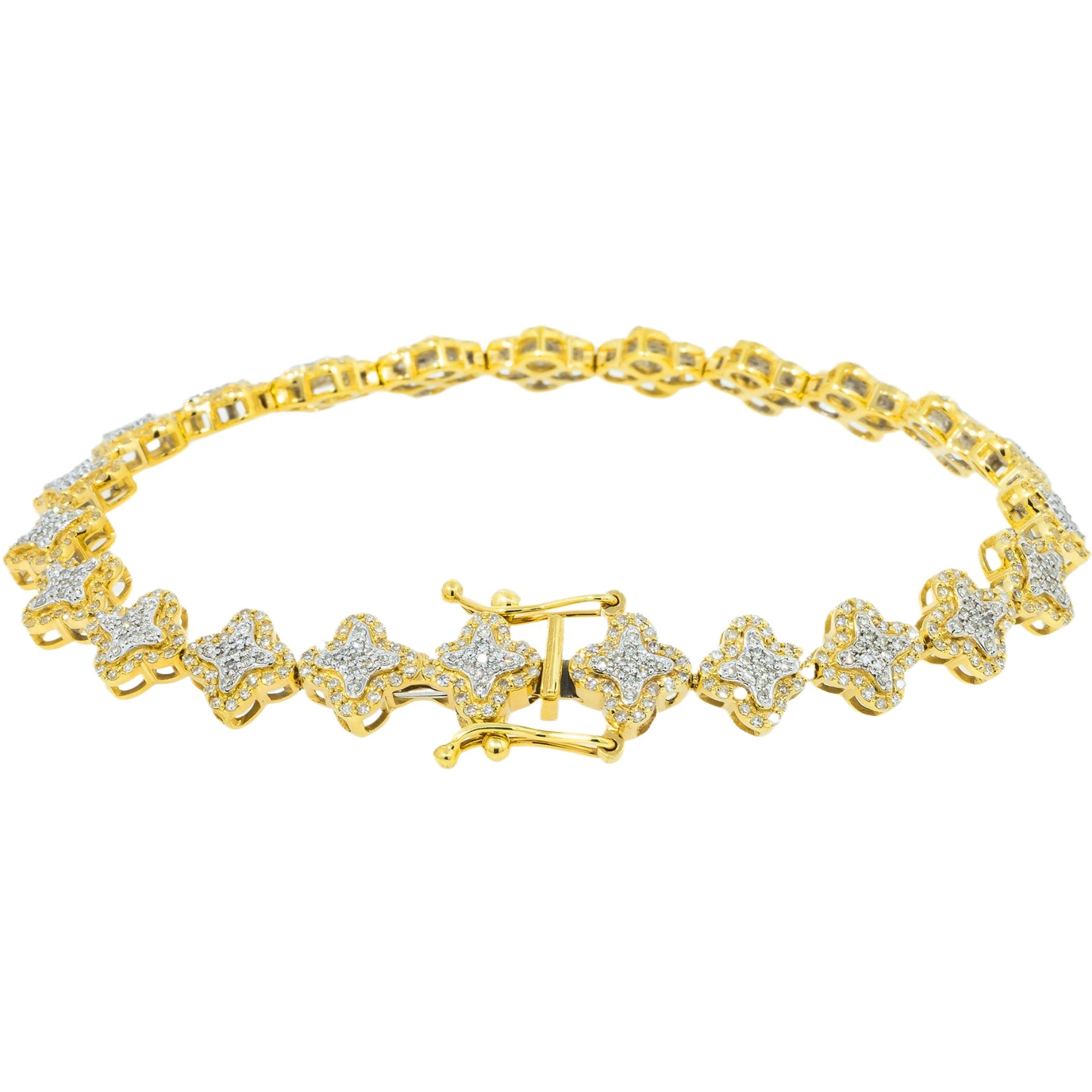 14K GOLD ROUND DIAMONDS WITH SINGLE BORDER CLOVER BRACELET 1.80 CT