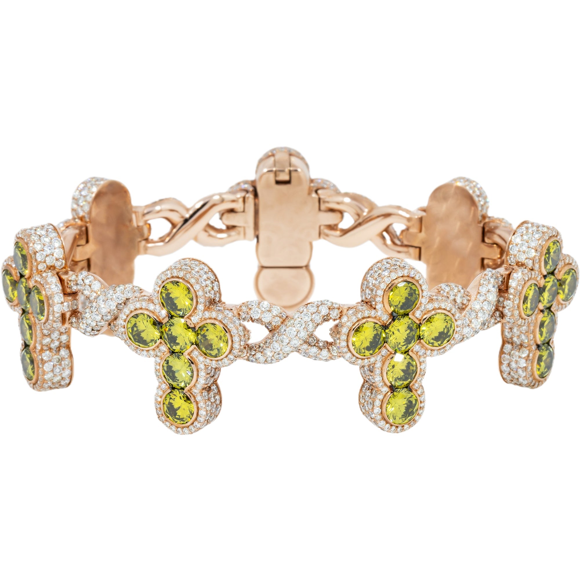 10K GOLD DIAMONDS & OLIVE GREEN GEMSTONE CROSS INFINITY CHAIN BRACELET 16.66 CT