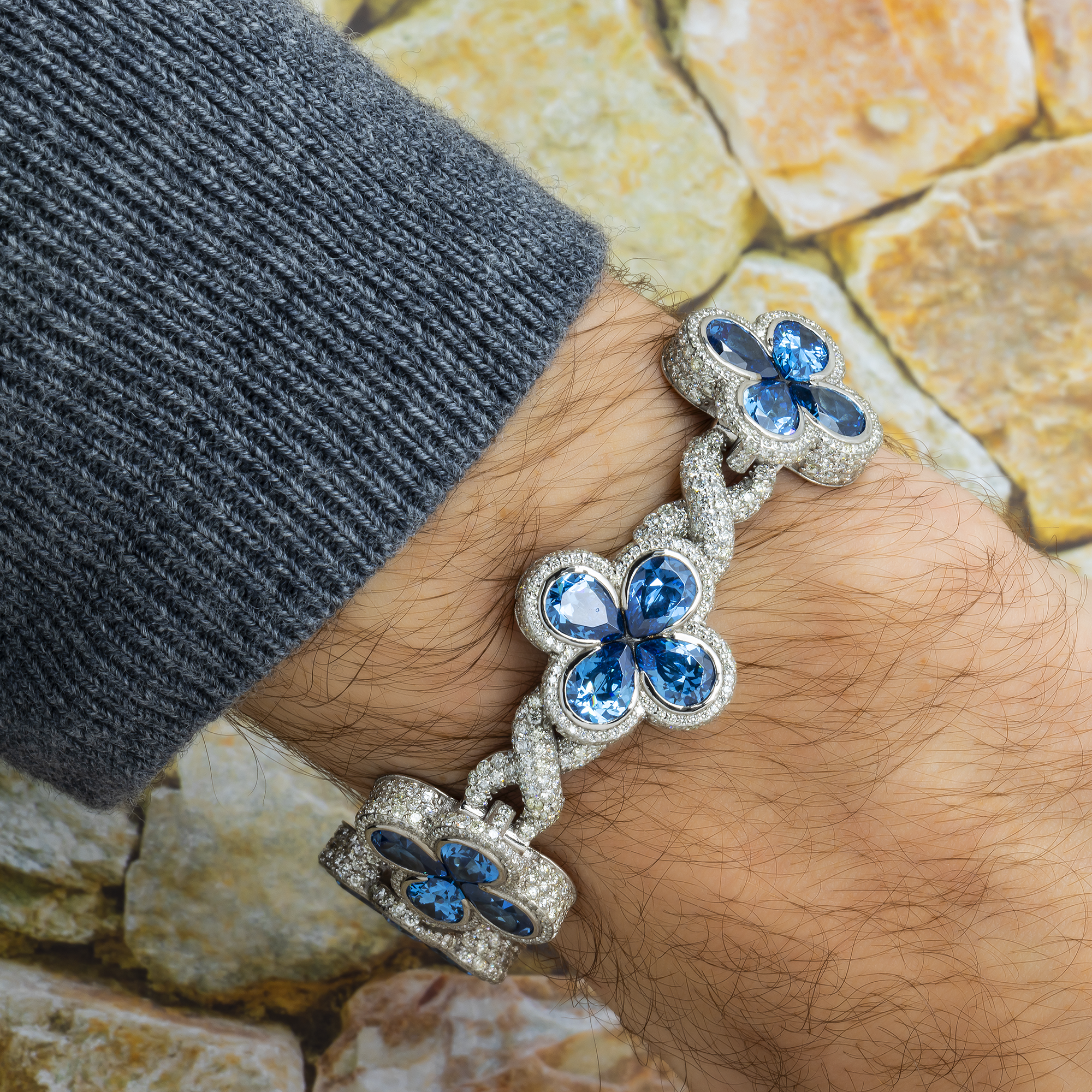 10K GOLD PEAR DIAMONDS & GEMSTONE CLOVER INFINITY CHAIN BRACELET 14.23 CT