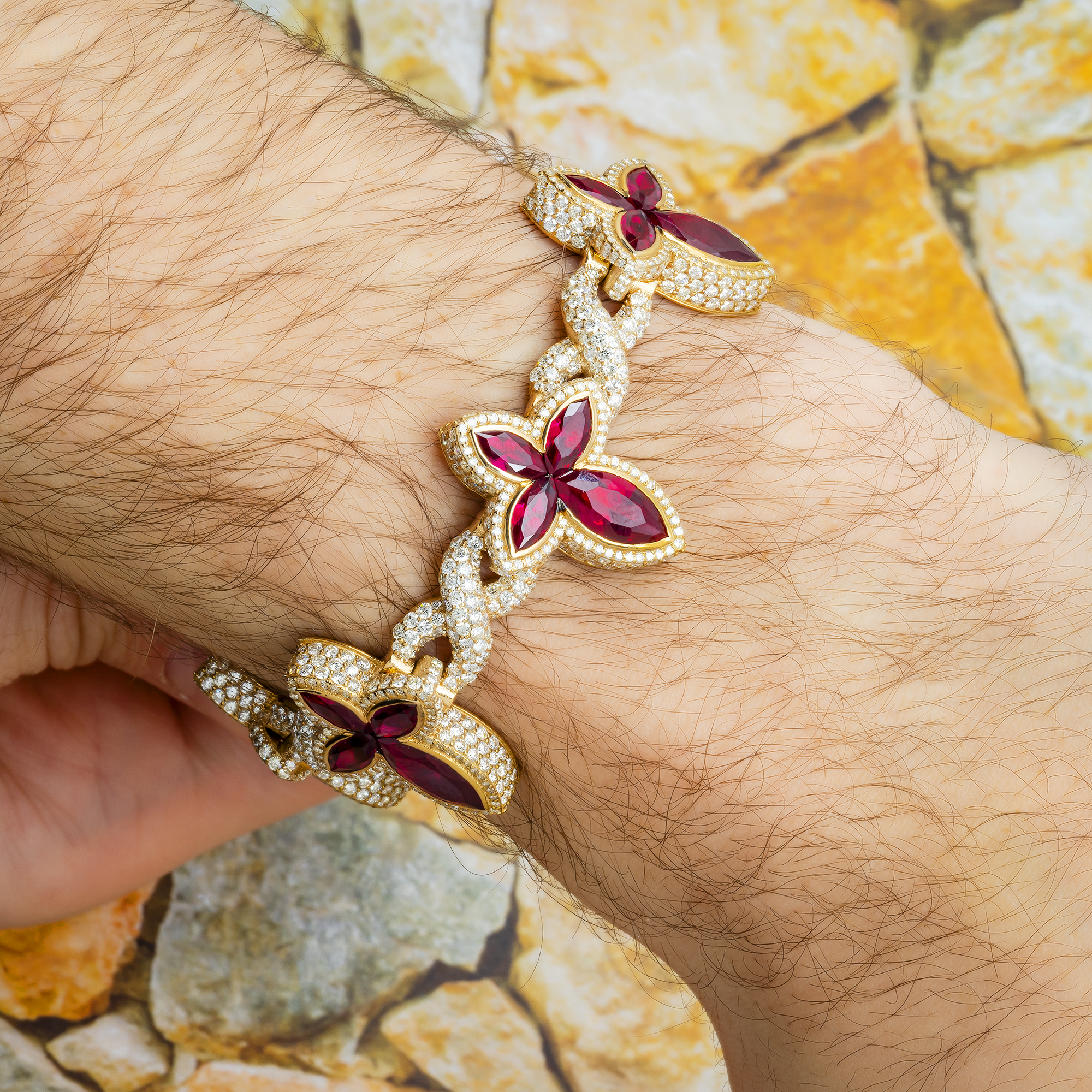 10K GOLD DIAMONDS & RED GEMSTONE CROSS INFINITY CHAIN BRACELET 15.79 CT