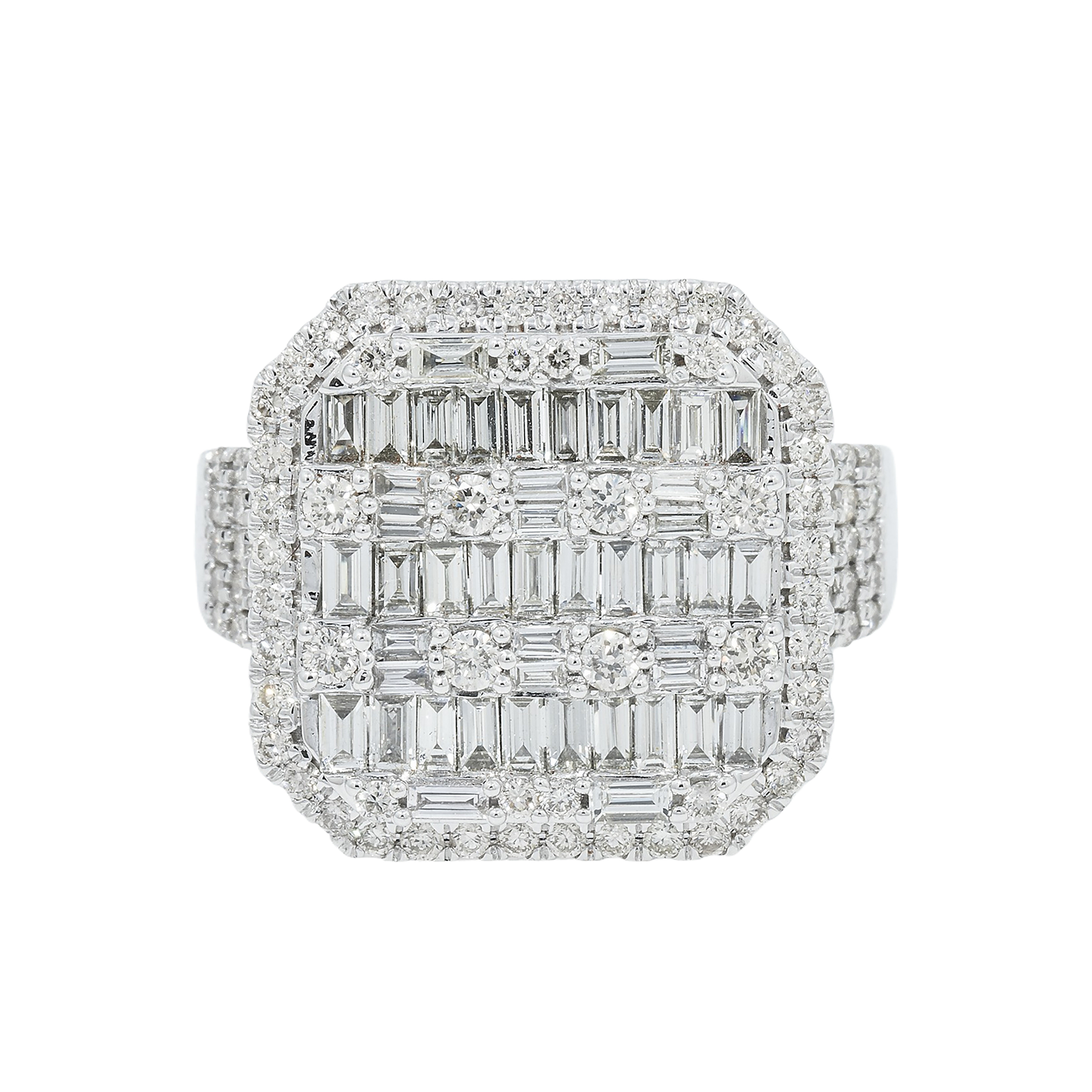 14K GOLD BAGUETTE DIAMOND CUSHION RING WITH SINGLE ROW BORDER AND PAVE HALF SHANK 2.65 CT