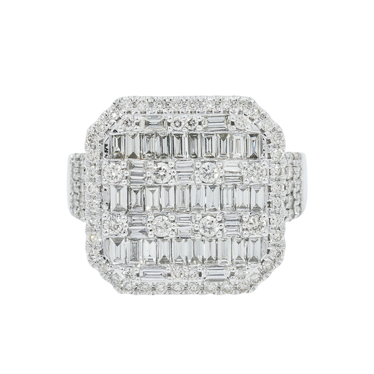 14K GOLD BAGUETTE DIAMOND CUSHION RING WITH SINGLE ROW BORDER AND PAVE HALF SHANK 2.65 CT
