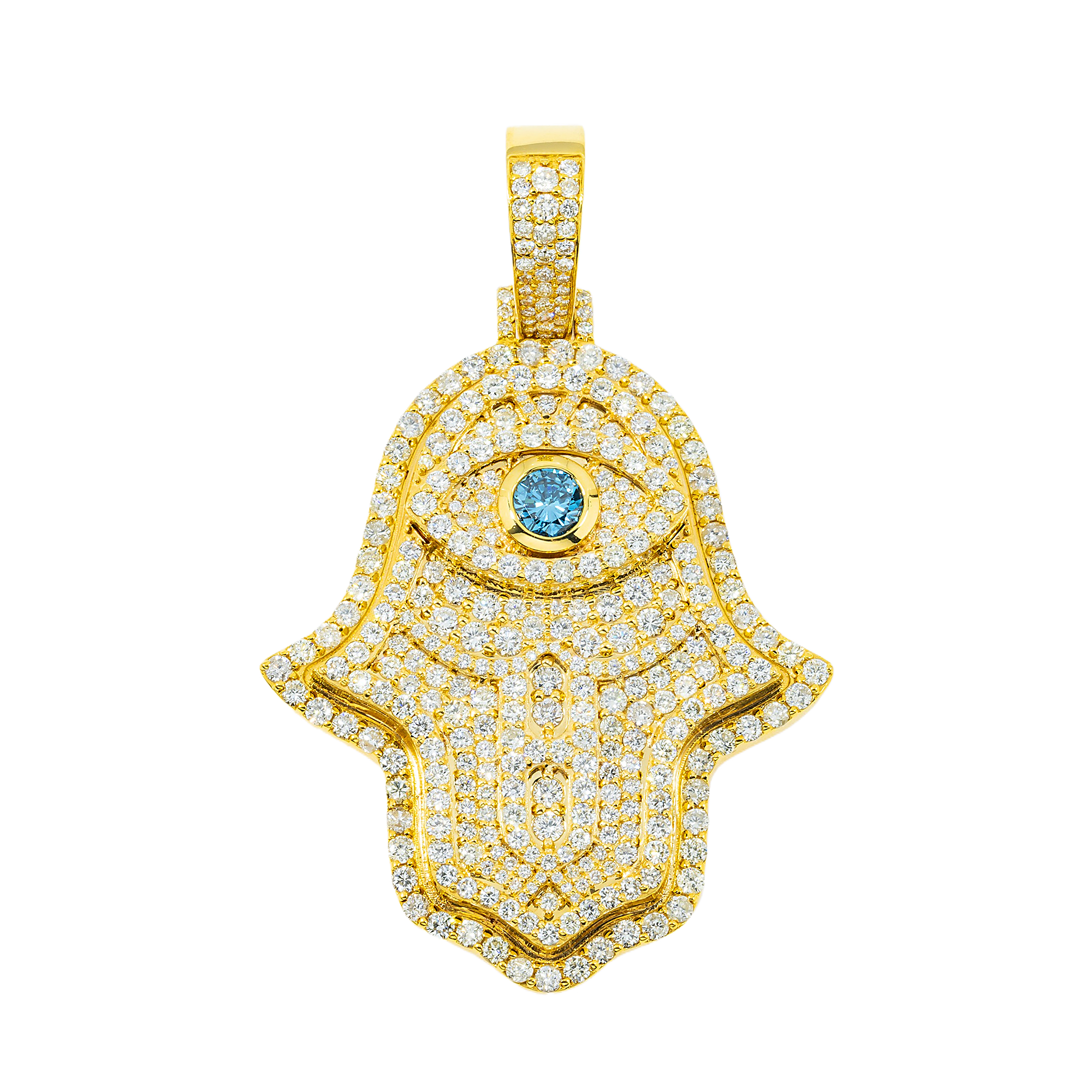 14K GOLD DIAMOND AND BLUE GEMSTONE HAMSA WITH EVIL EYE PENDANT 7.68 CTW