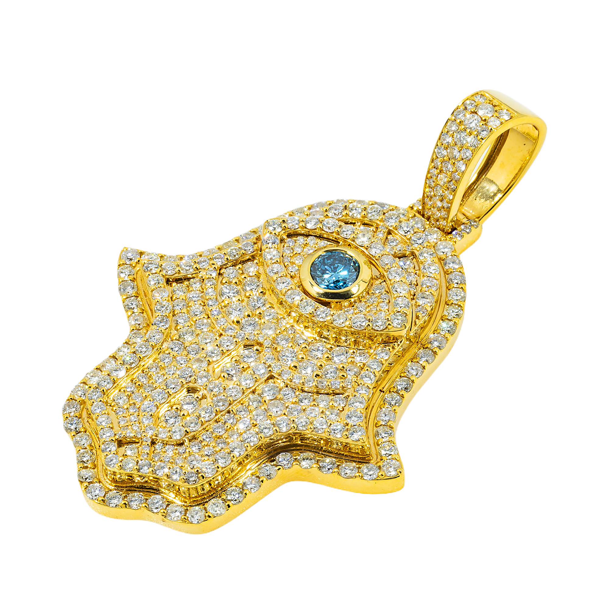 14K GOLD DIAMOND AND BLUE GEMSTONE HAMSA WITH EVIL EYE PENDANT 7.68 CTW