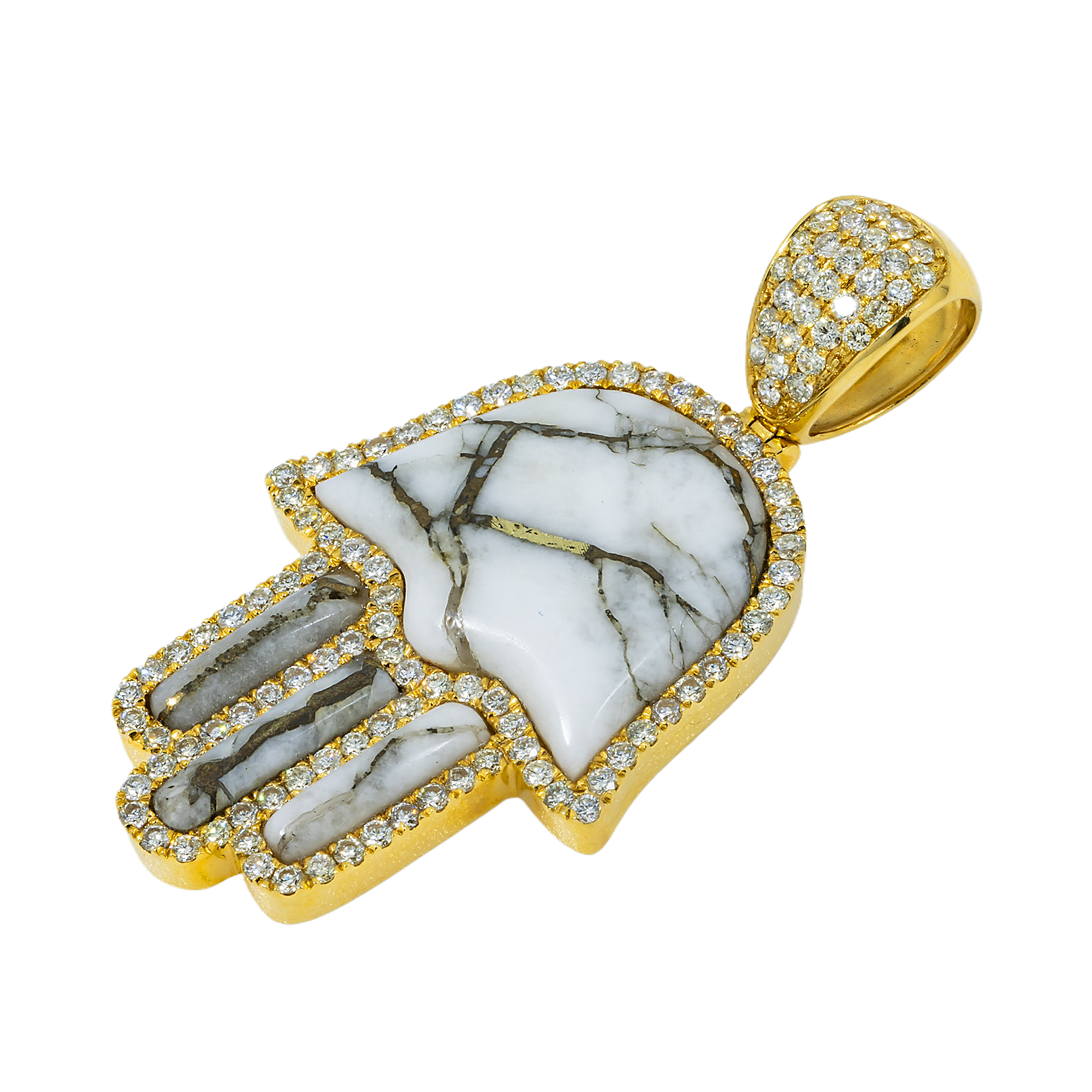 10K GOLD DIAMOND AND WHITE QUARTZ GEMSTONE HAMSA PENDANT 1.55 CTW