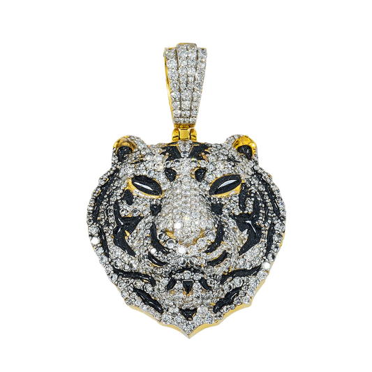 10K GOLD DIAMOND BLACK TIGER HEAD PENDANT 1.75 CT