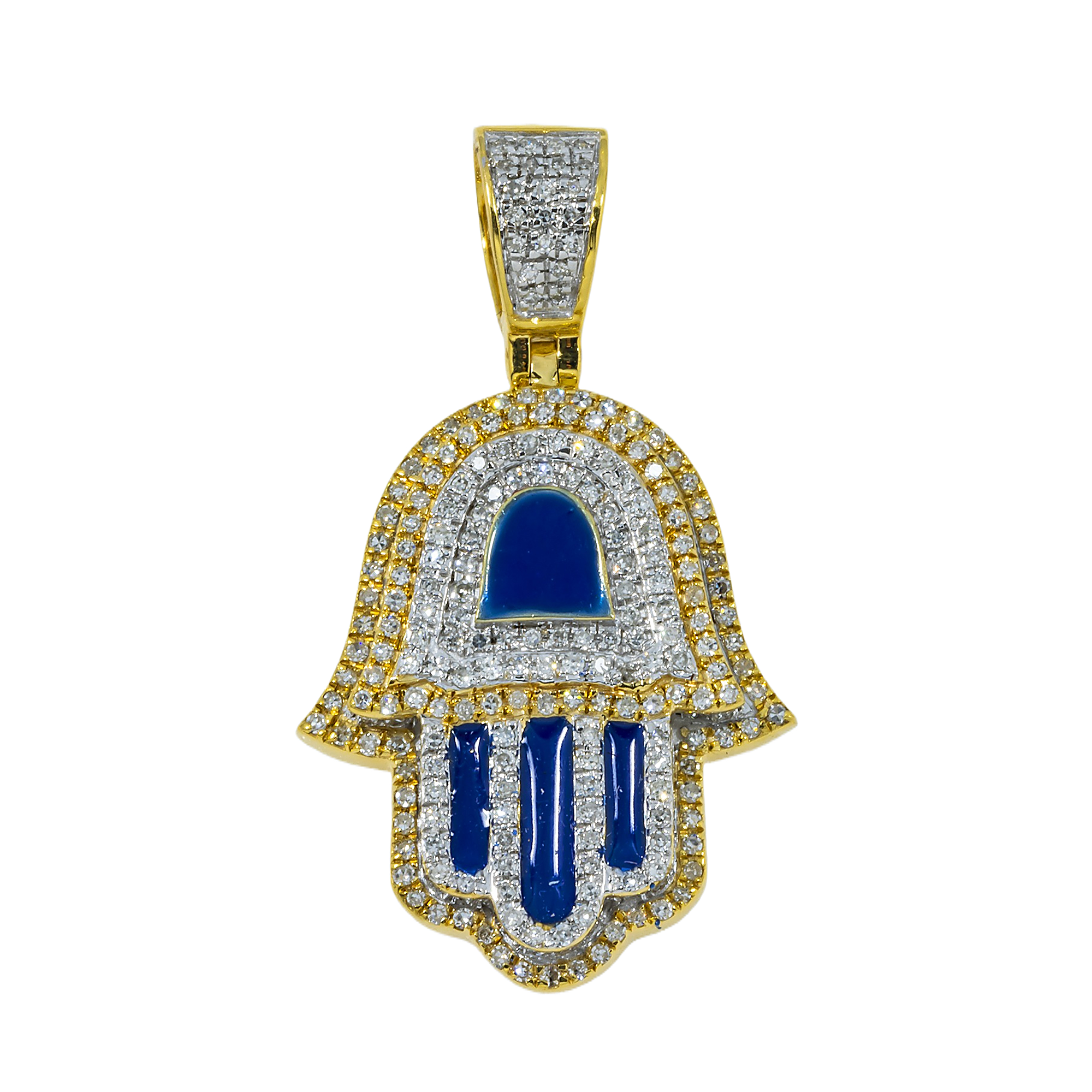 14K GOLD DIAMOND AND BLUE ENAMEL HAMSA PENDANT 0.80 CT