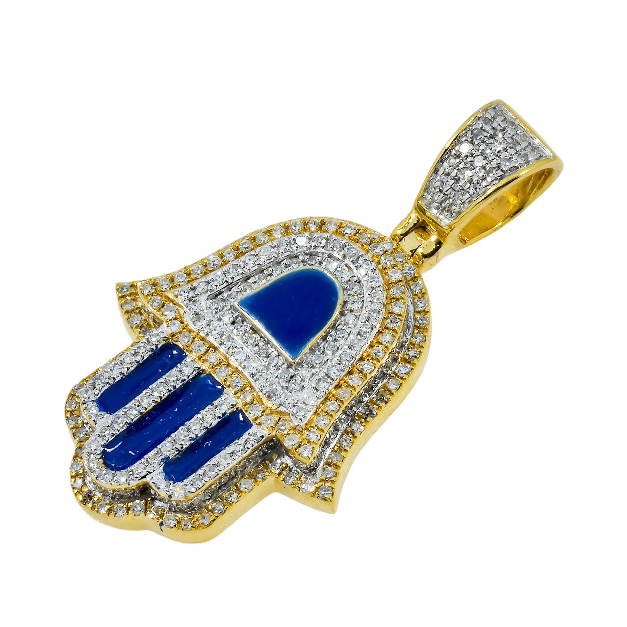 14K GOLD DIAMOND AND BLUE ENAMEL HAMSA PENDANT 0.80 CT