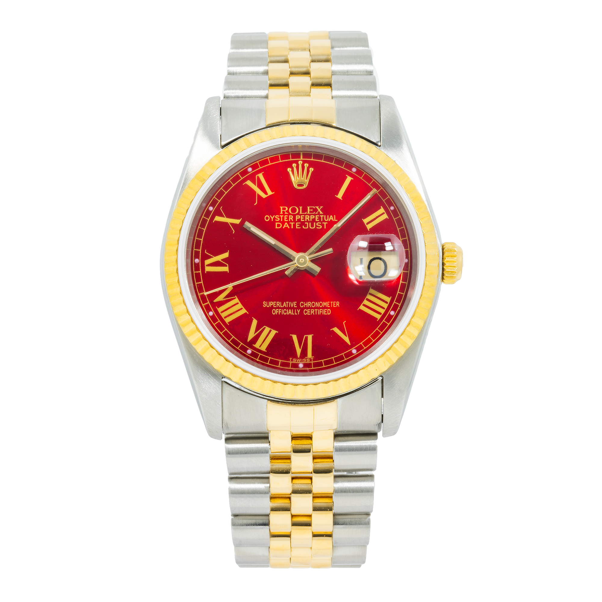 Rolex Datejust 16233 36MM Red Roman Dial With Two Tone Jubilee Bracelet