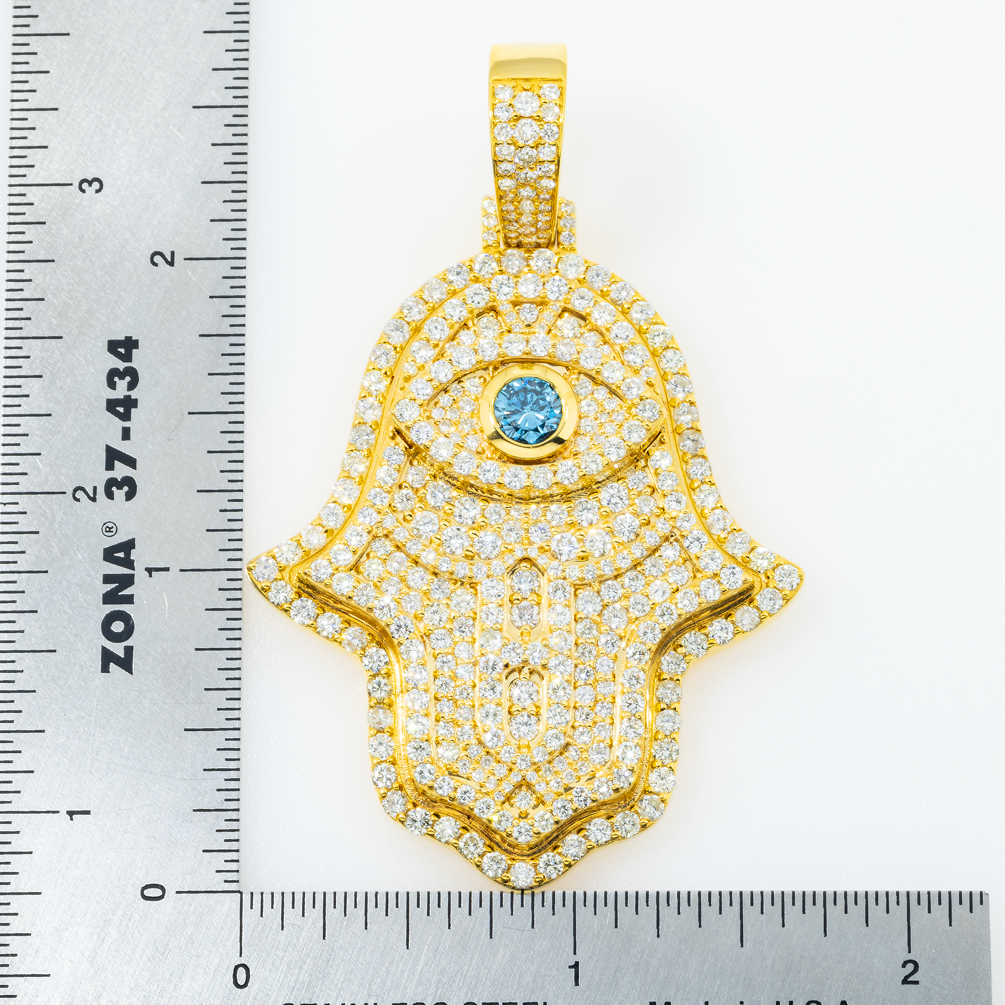 14K GOLD DIAMOND AND BLUE GEMSTONE HAMSA WITH EVIL EYE PENDANT 7.68 CTW