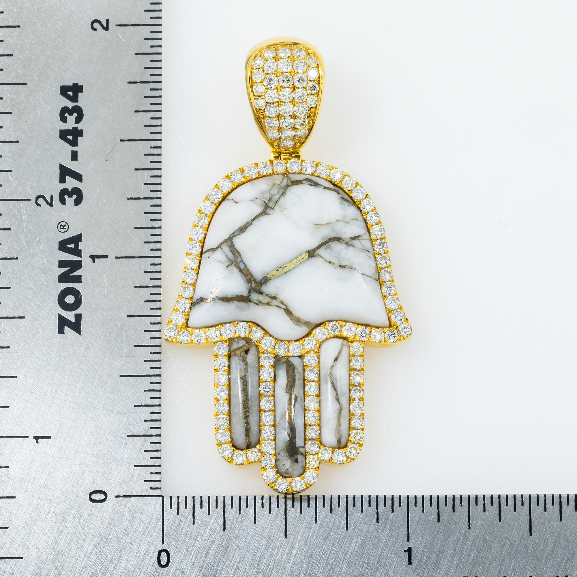 10K GOLD DIAMOND AND WHITE QUARTZ GEMSTONE HAMSA PENDANT 1.55 CTW