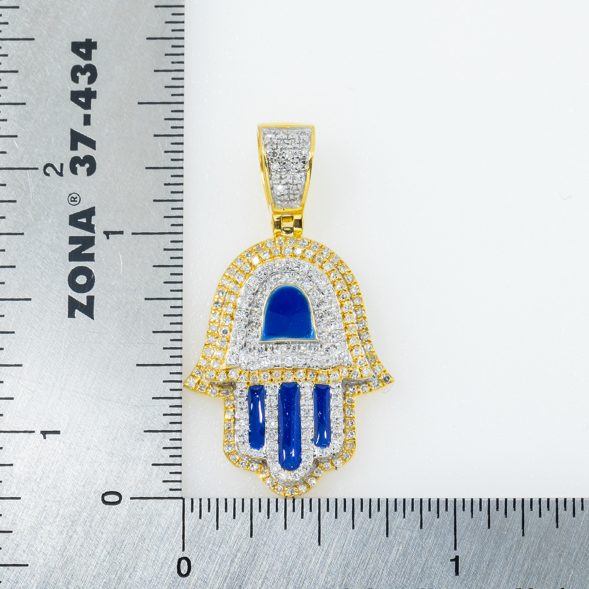 14K GOLD DIAMOND AND BLUE ENAMEL HAMSA PENDANT 0.80 CT