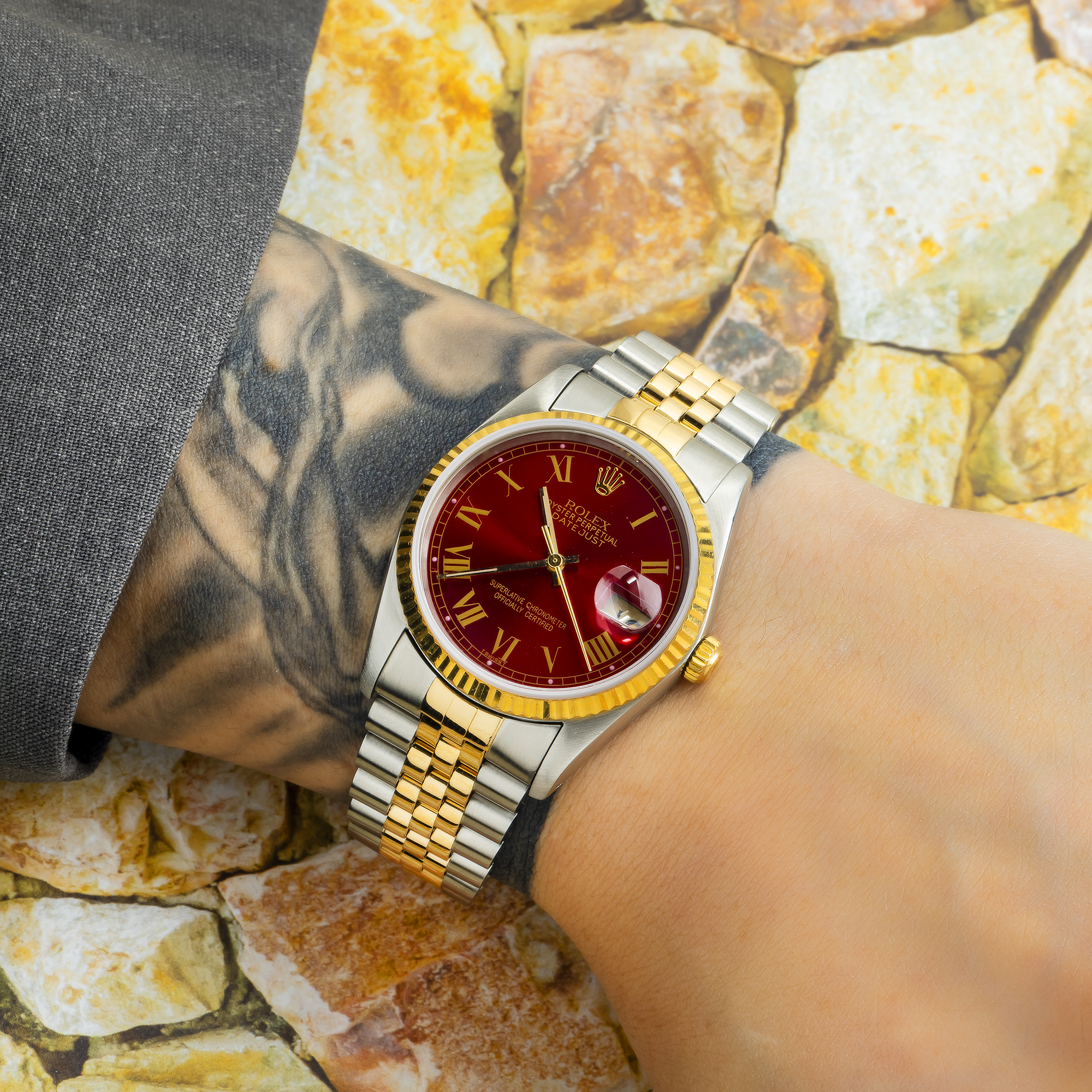 Rolex Datejust 16233 36MM Red Roman Dial With Two Tone Jubilee Bracelet