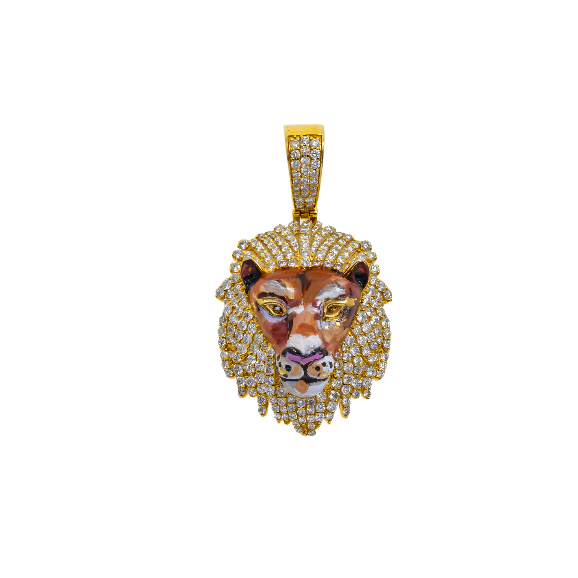 14K GOLD DIAMOND COLORED LION HEAD PENDANT 1.75 CT