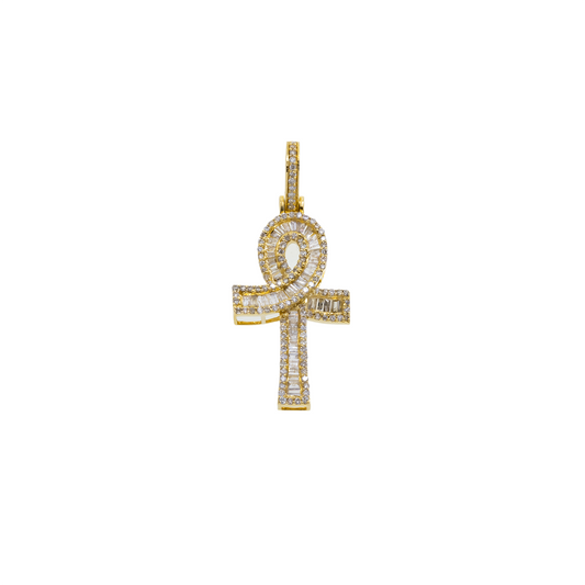 14K GOLD BAGUETTE AND ROUND DIAMOND ANKH PENDANT 0.72 CT
