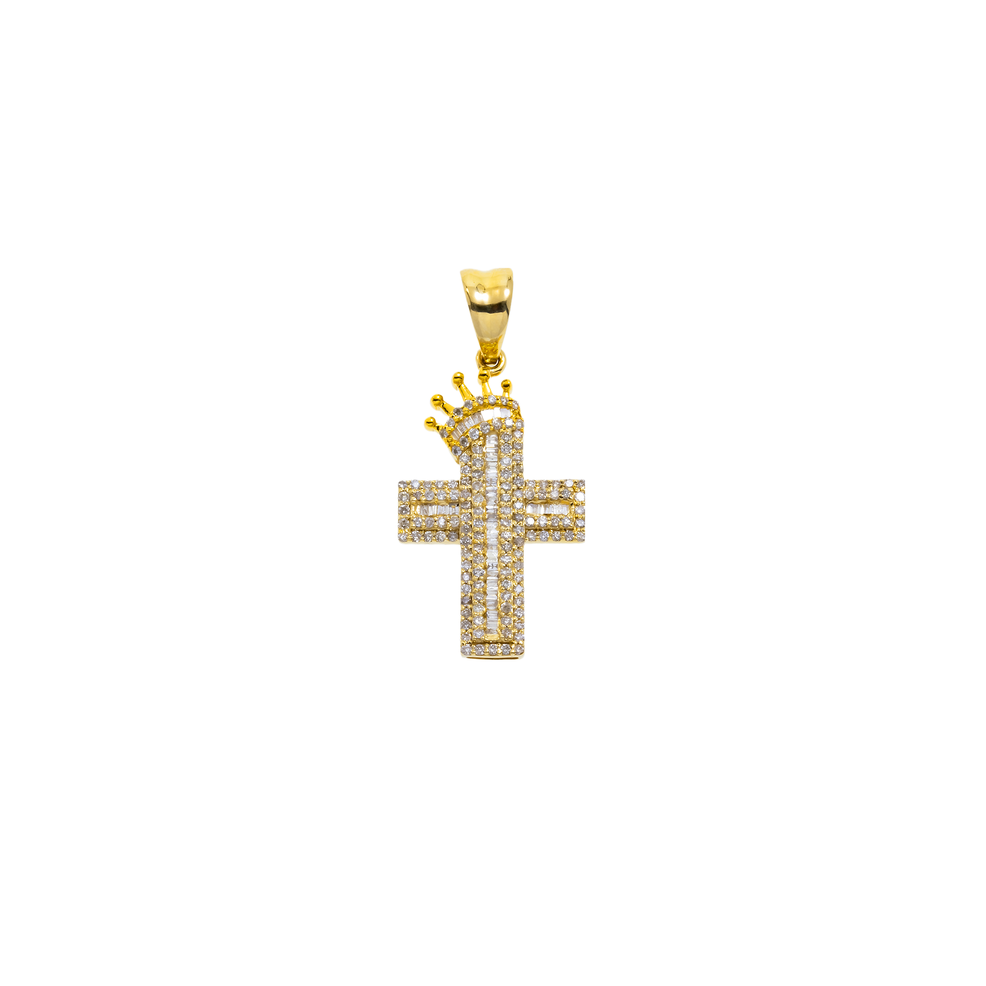 14K GOLD BAGUETTE DIAMOND CROSS WITH CROWN PENDANT 0.49 CT