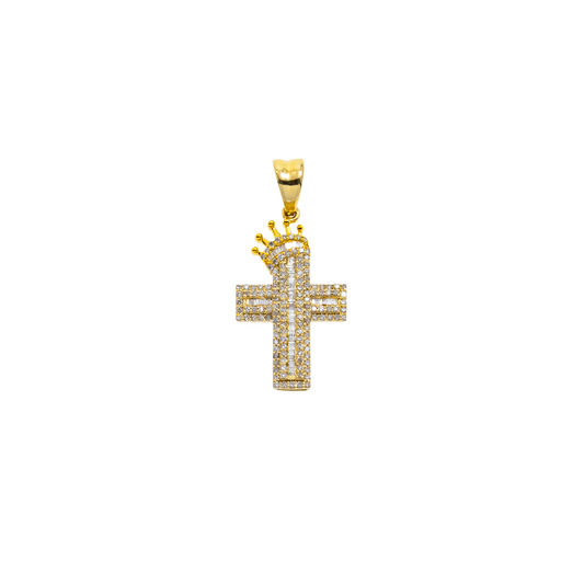 14K GOLD BAGUETTE DIAMOND CROSS WITH CROWN PENDANT 0.49 CT