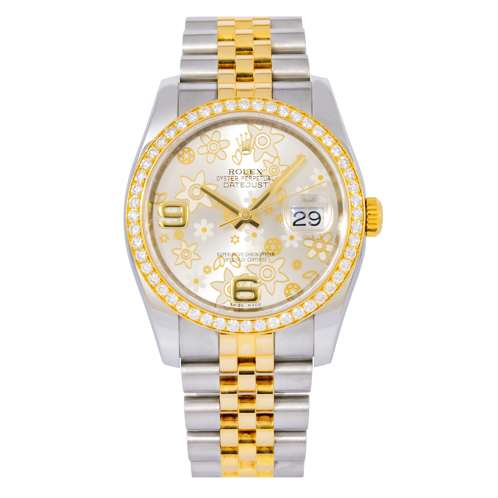 Rolex Oyster Perpetual Datejust 116243 36MM Factory Silver Flower Motif Dial With Two Tone Jubilee Bracelet And Factory Diamond Dial