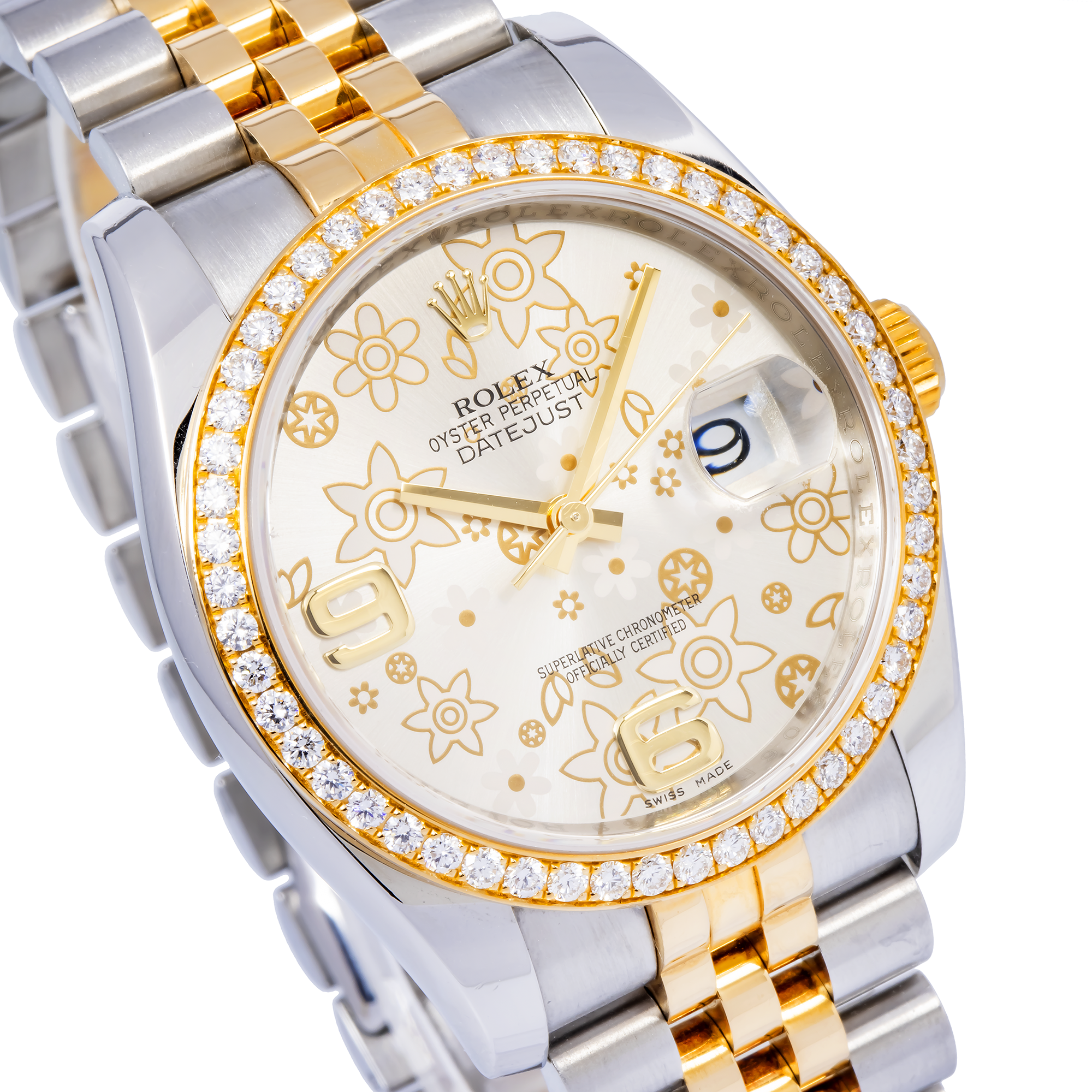 Rolex Oyster Perpetual Datejust 116243 36MM Factory Silver Flower Motif Dial With Two Tone Jubilee Bracelet And Factory Diamond Dial