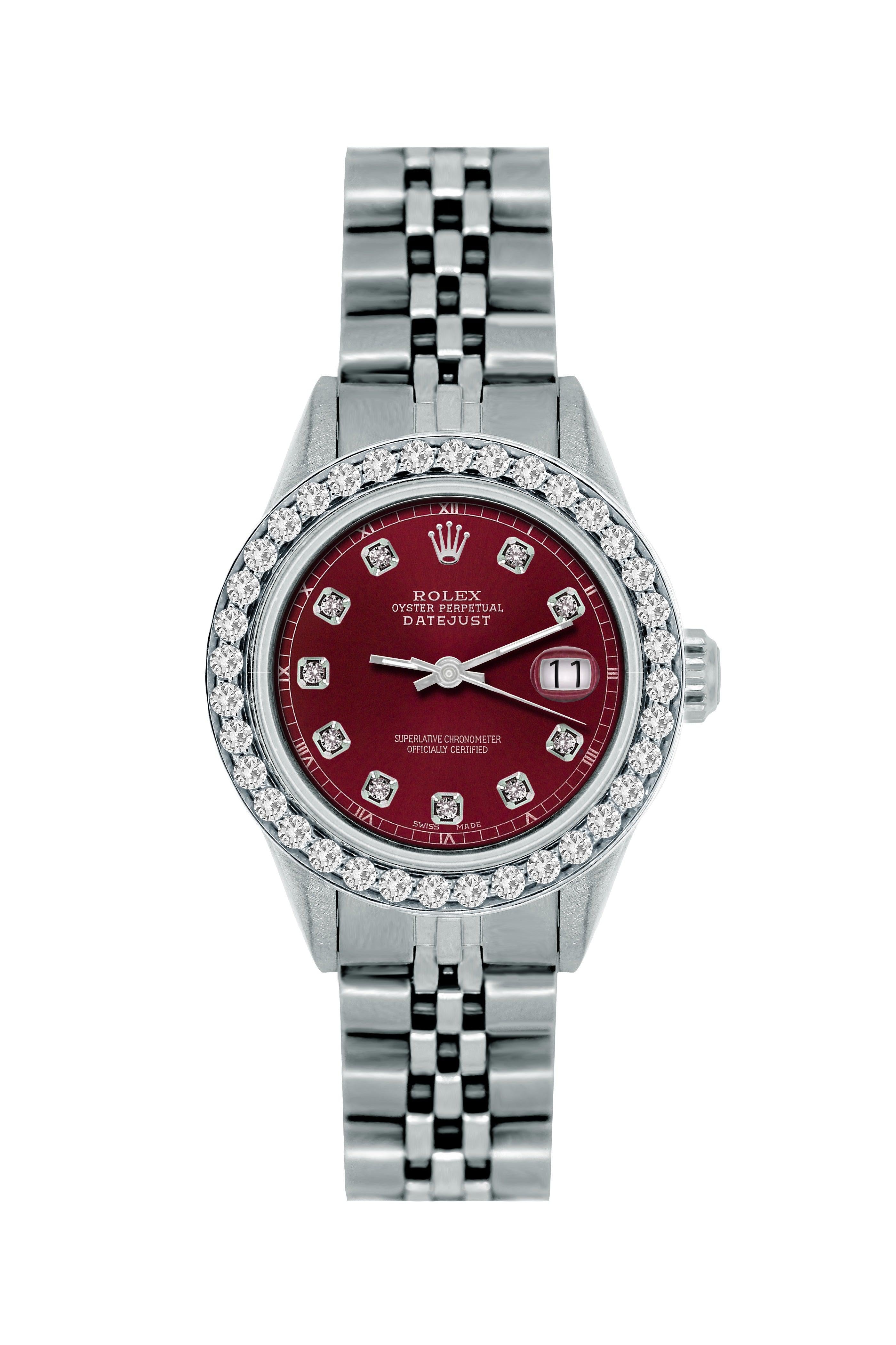 Rolex Datejust Diamond Watch, 26mm, Stainless SteelBracelet Bordeaux Dial w/ Diamond Bezel