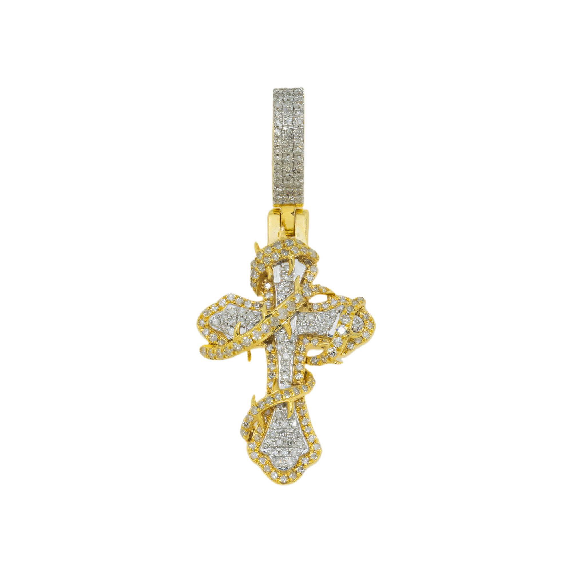 10K GOLD DIAMOND MICRO-PAVE FLEUR DE LIS CROSS WITH THORNS PENDANT 0.60 CT