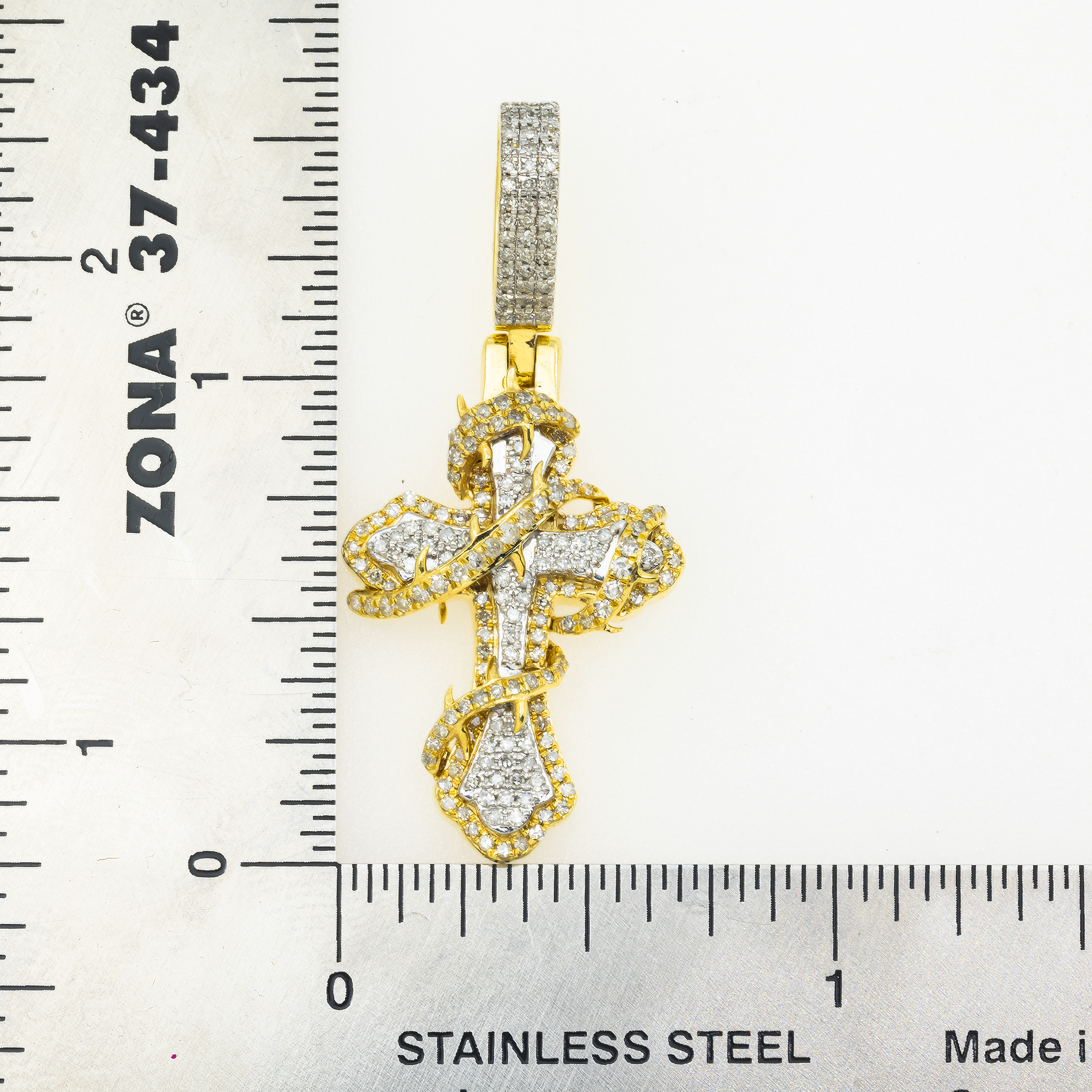 10K GOLD DIAMOND MICRO-PAVE FLEUR DE LIS CROSS WITH THORNS PENDANT 0.60 CT
