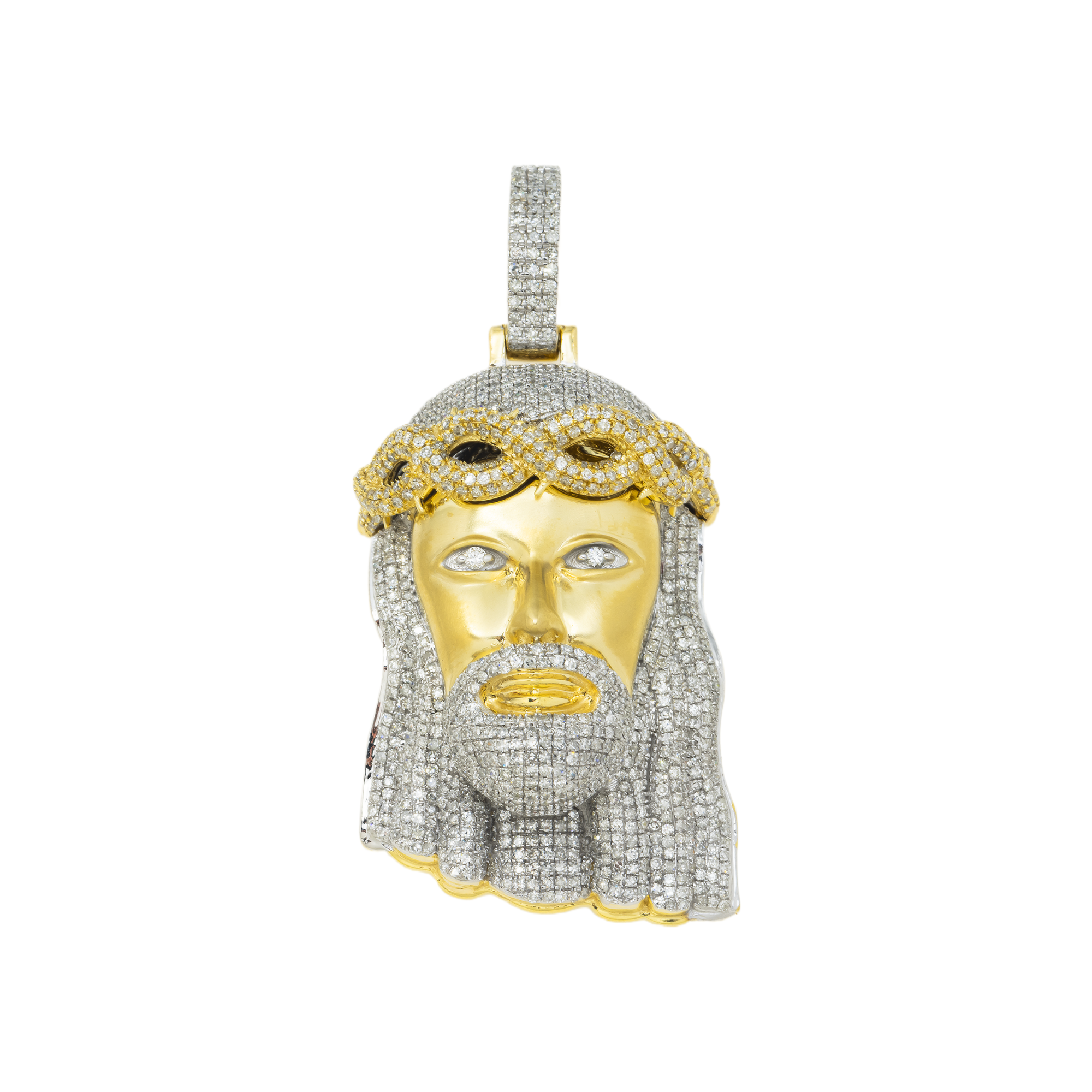 10K GOLD TWO TONE DIAMOND JESUS HEAD WITH INFINTY CROWN PENDANT 2.68 CT