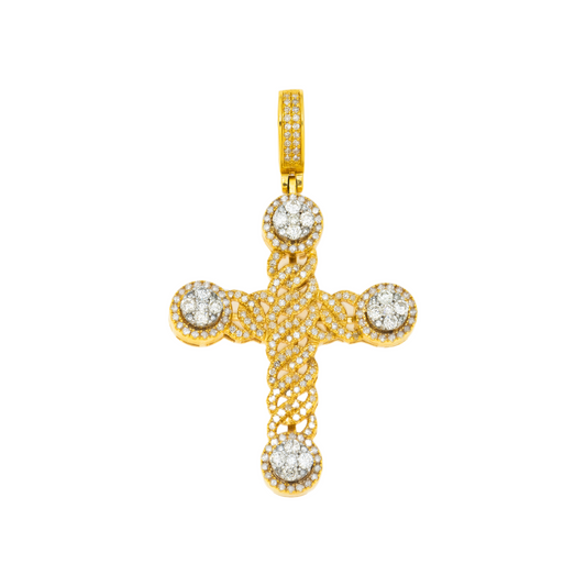 10K GOLD TWO TONE DIAMOND CLUSTER MIAMI CUBAN LINK CROSS PENDANT 1.05 CT