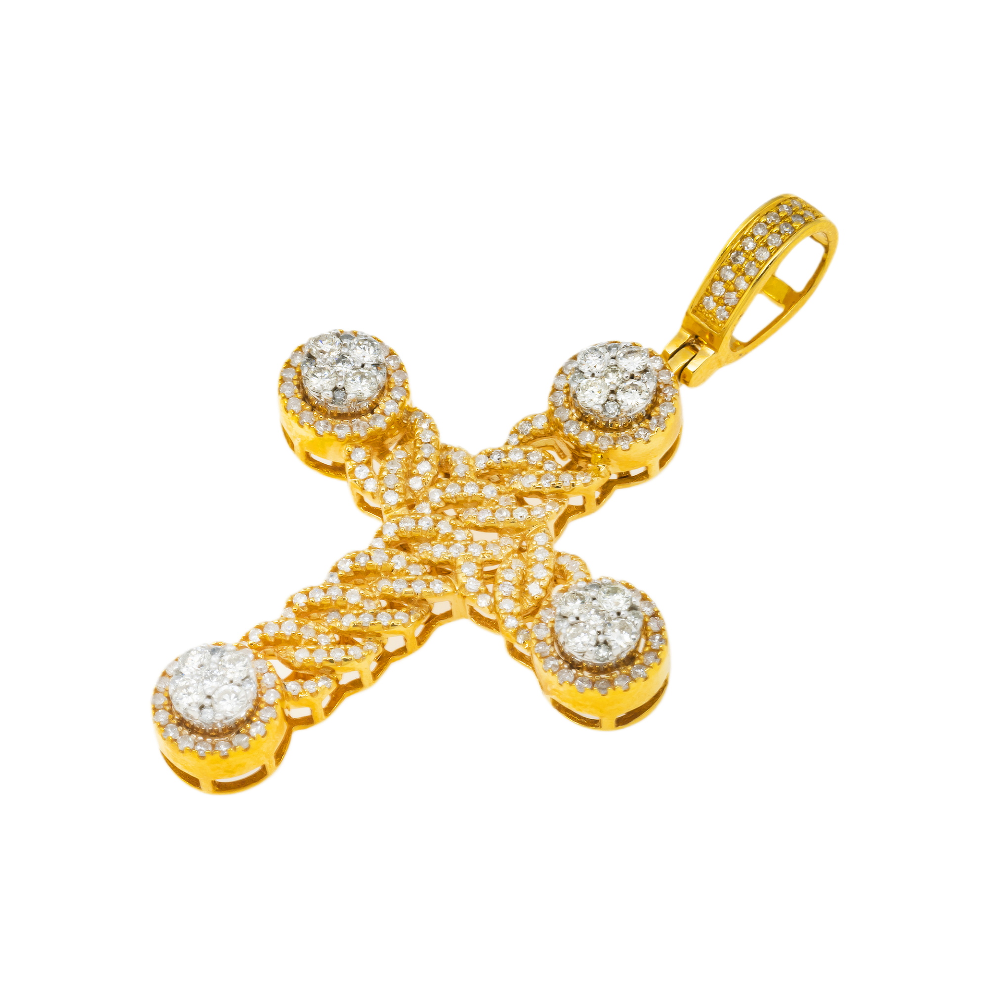10K GOLD TWO TONE DIAMOND CLUSTER MIAMI CUBAN LINK CROSS PENDANT 1.05 CT